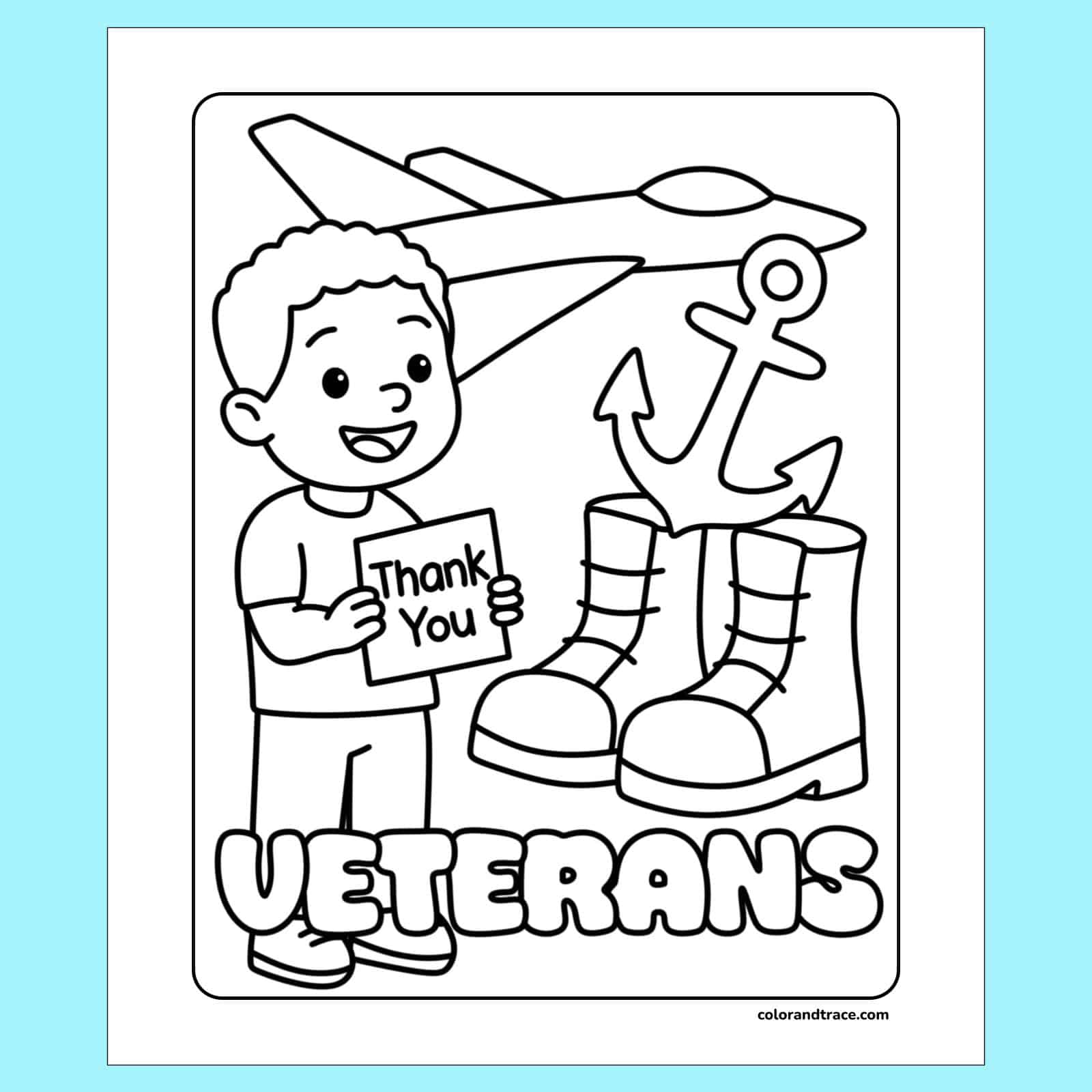 Cheerful kid holding a Thank You card beside boots and an anchor in a Veterans Day coloring page