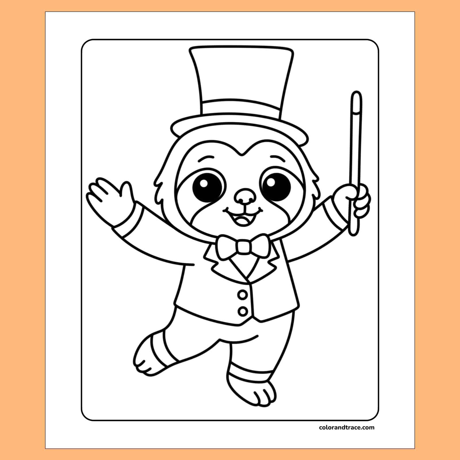 Sloth magician coloring page featuring a cute sloth in a top hat with wand