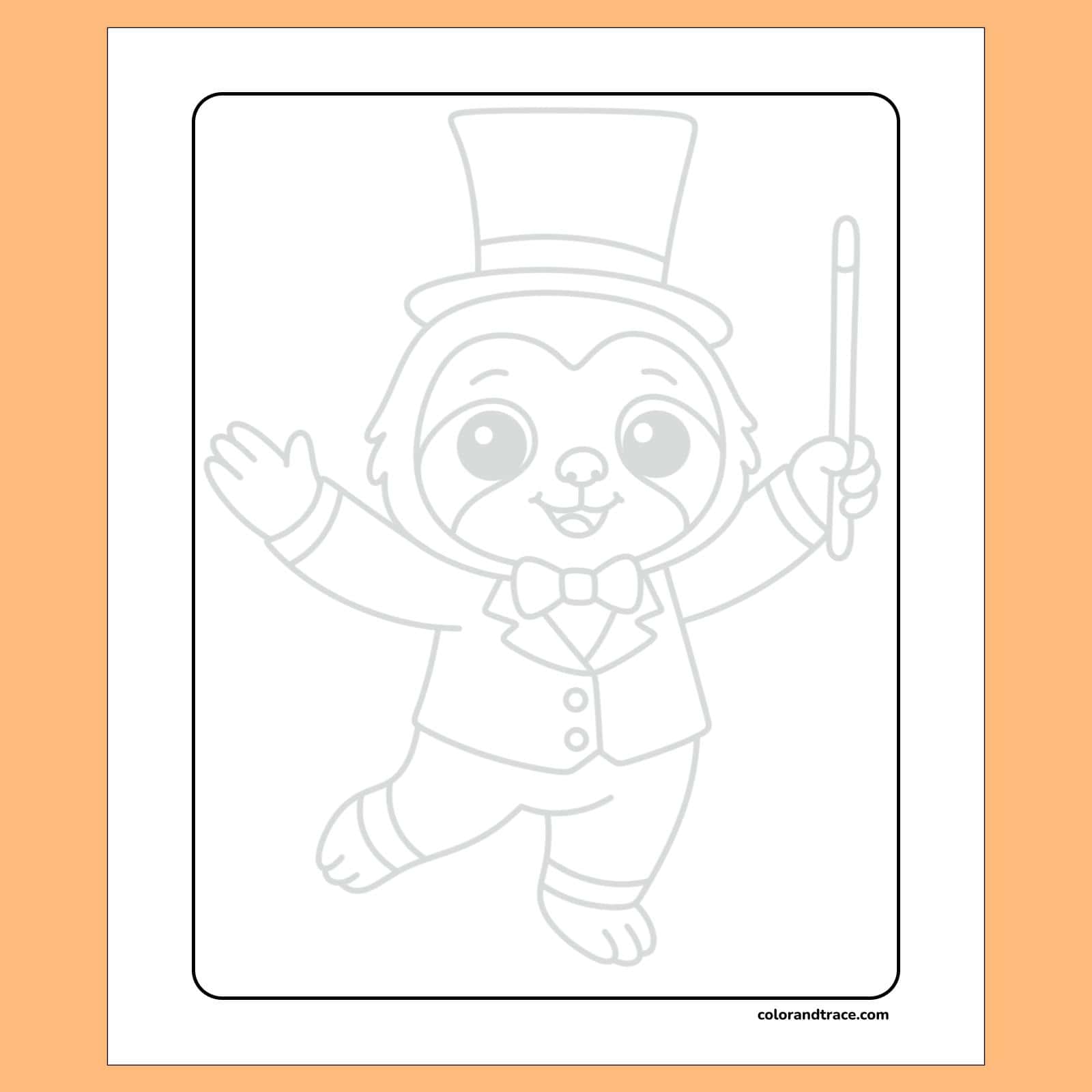 Sloth magician in a top hat, bow tie and vest, waving with a wand.