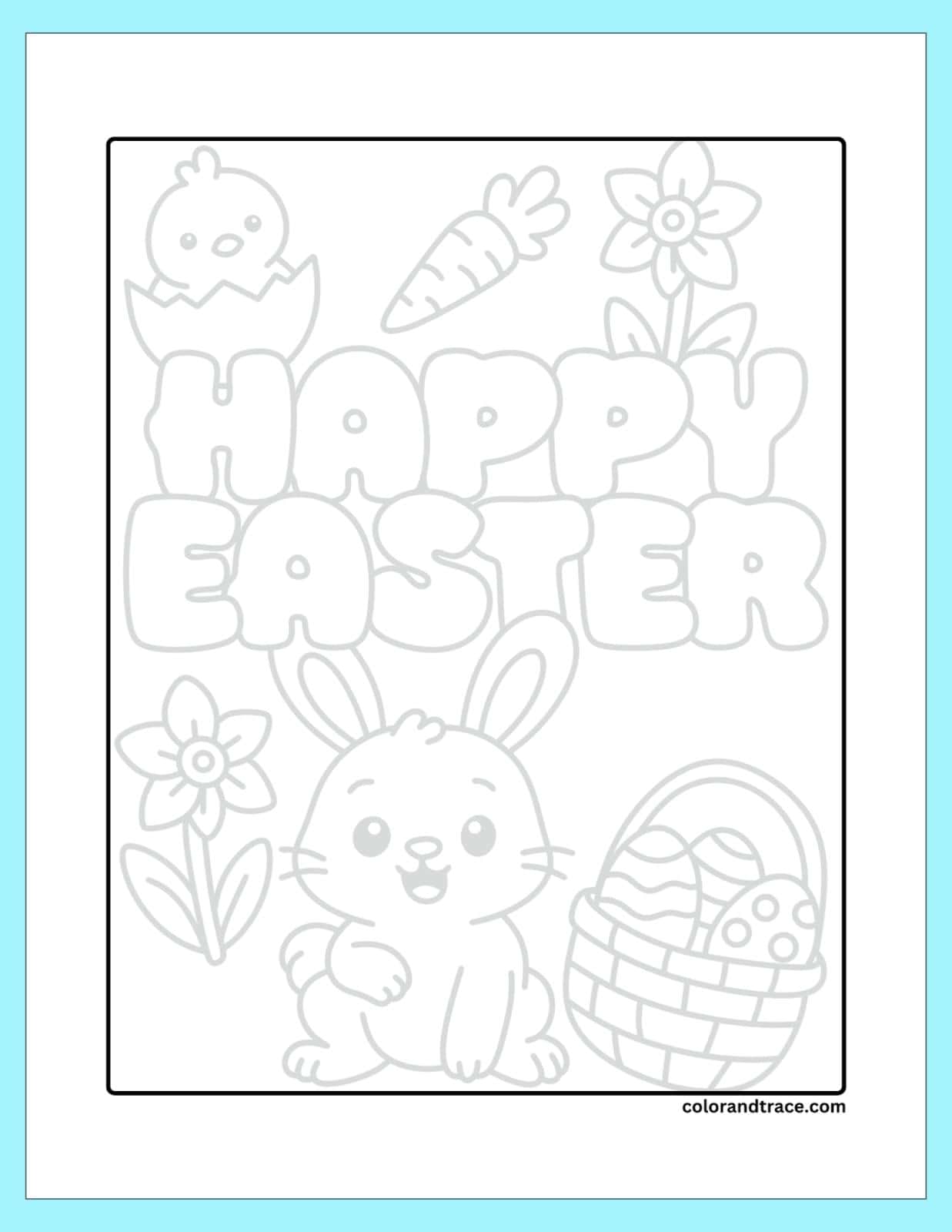 A tracing page with large letters spelling HAPPY EASTER, featuring a chick, bunny, and basket of eggs.