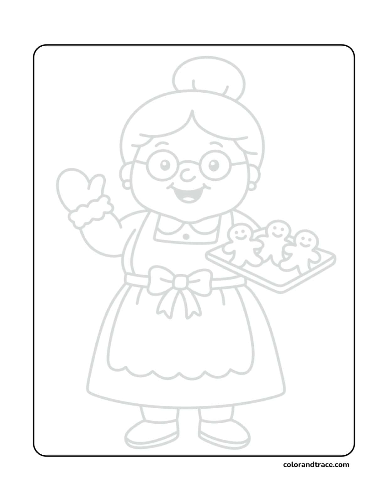 Preview of a printable tracing page with Mrs. Claus waving and a tray of cookies.