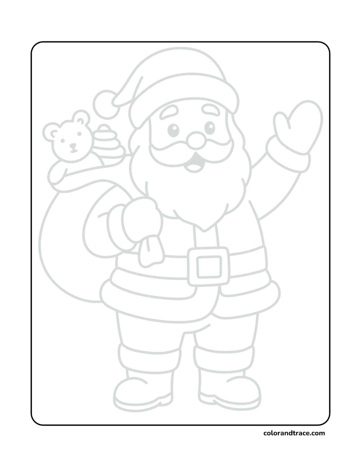 Preview of a Santa waving coloring page, a printable outline for kids to color