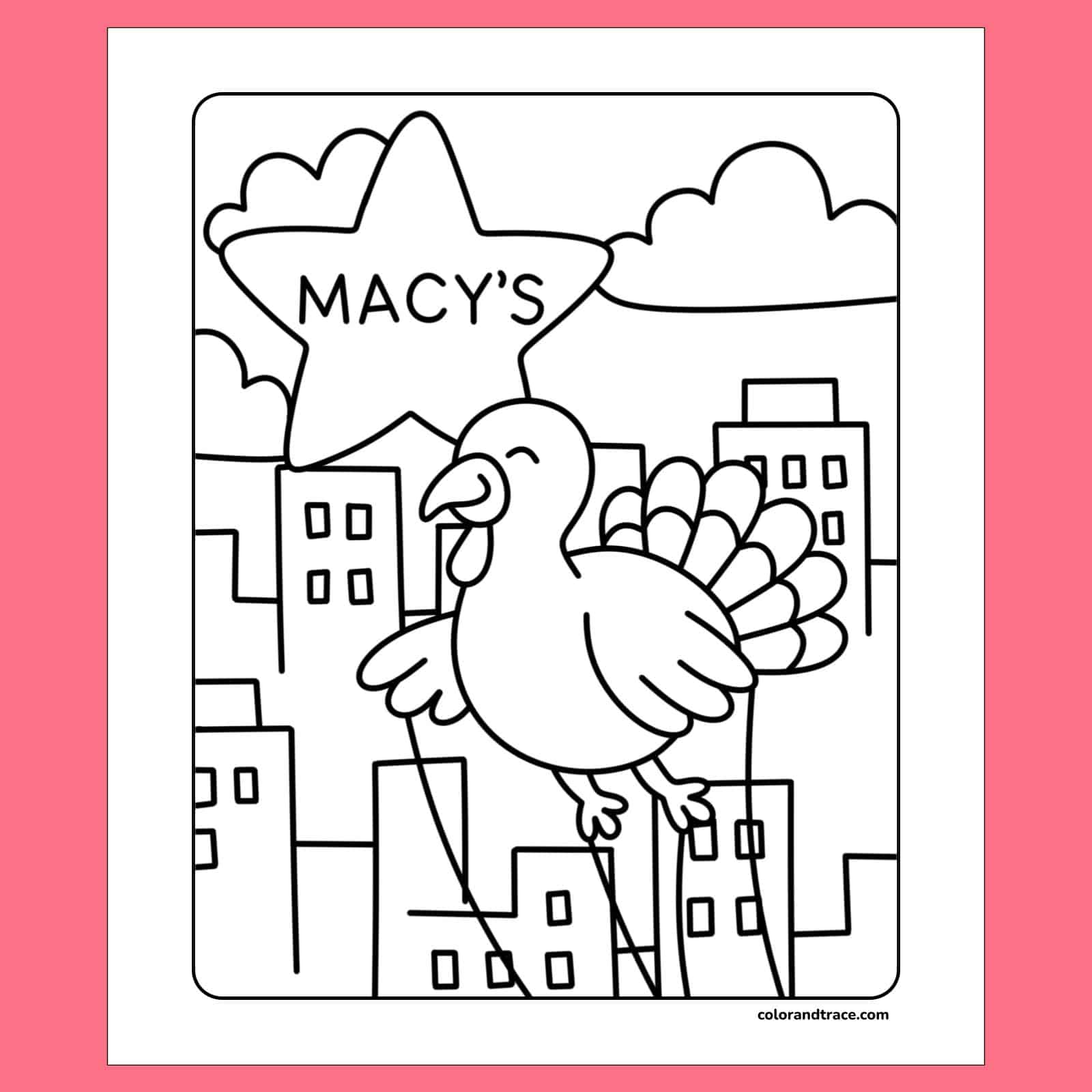 Thanksgiving Parade coloring page with a turkey over the NYC skyline and Macy's star.