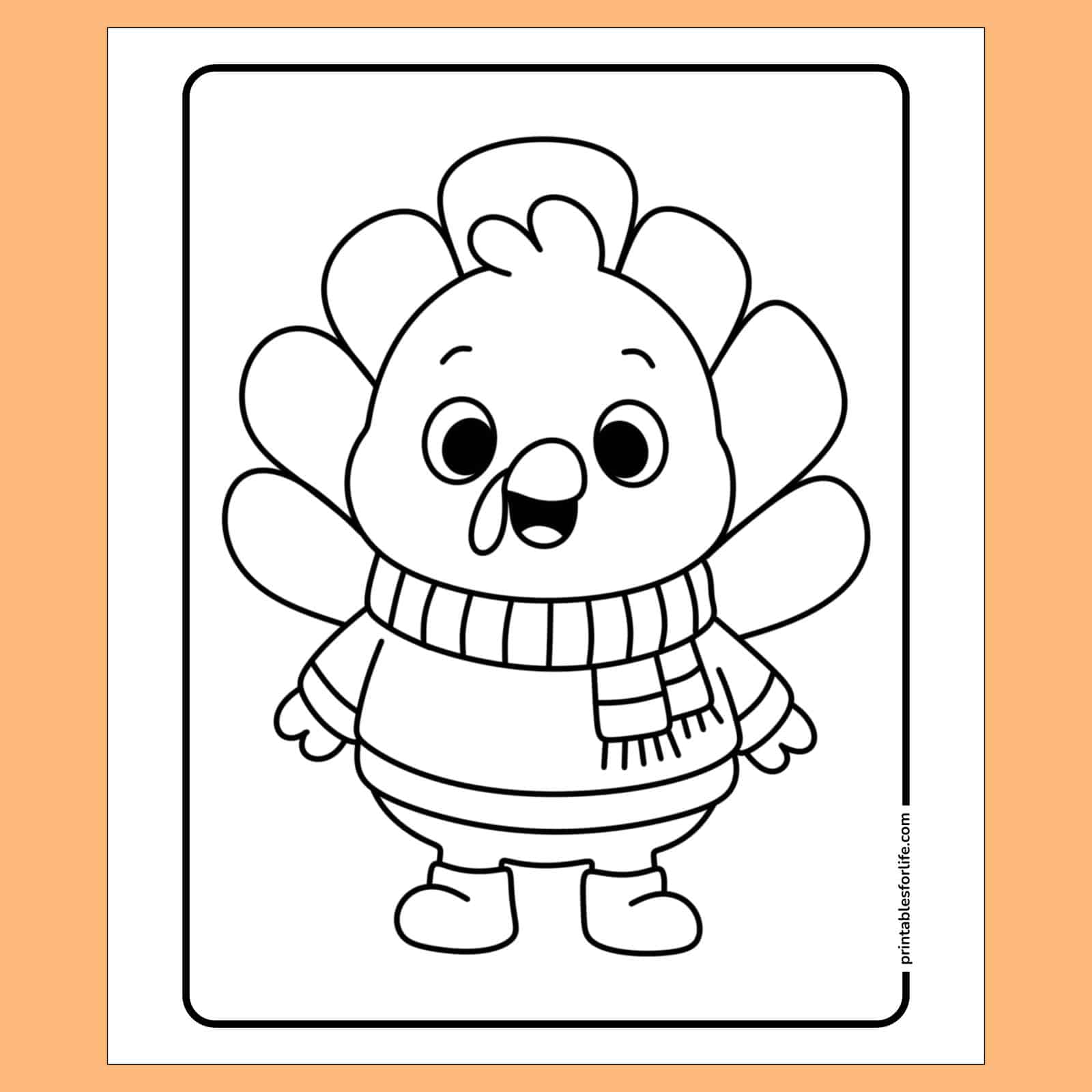 cute turkey coloring page with a friendly turkey in a cozy sweater