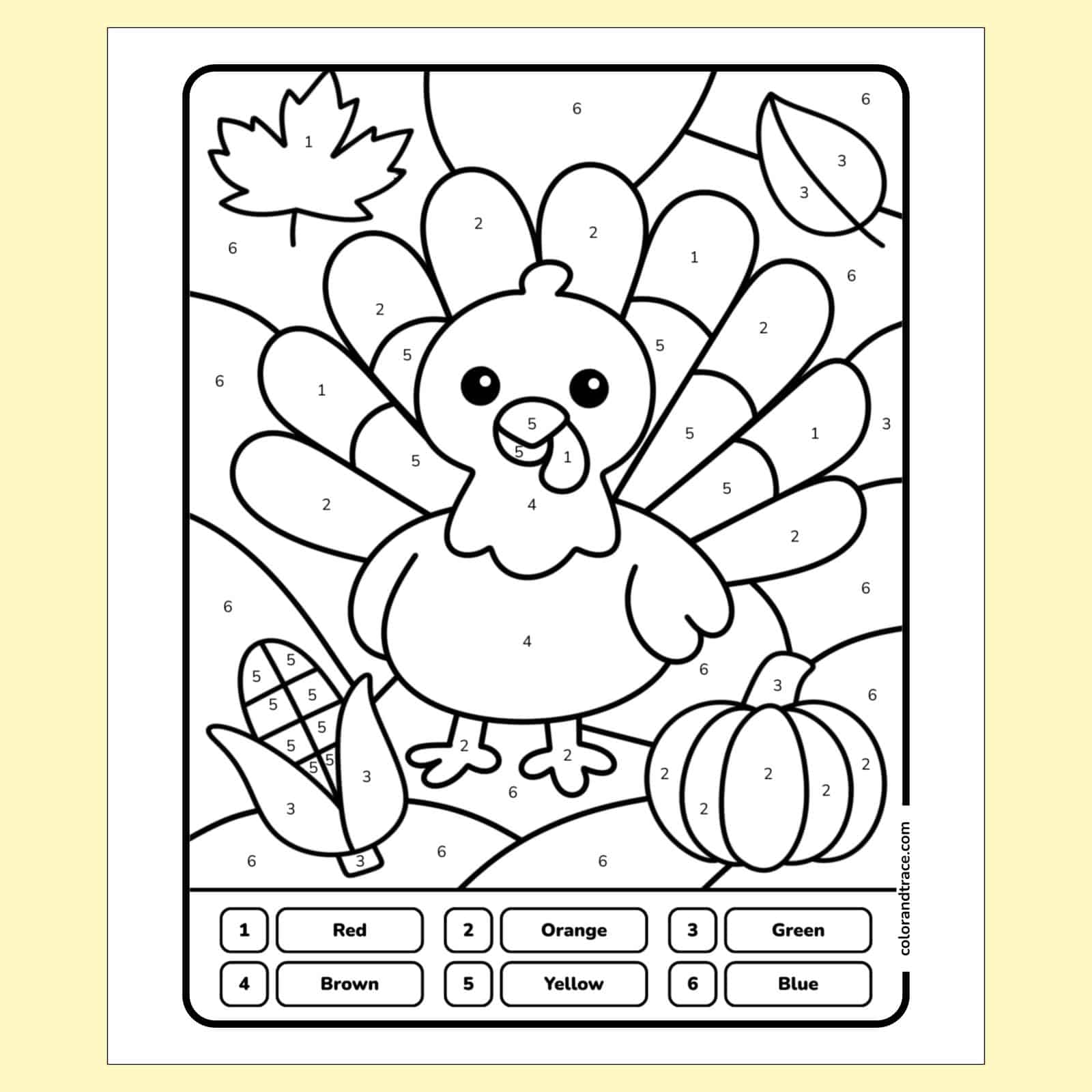 Thanksgiving turkey color-by-numbers page with pumpkin and corn