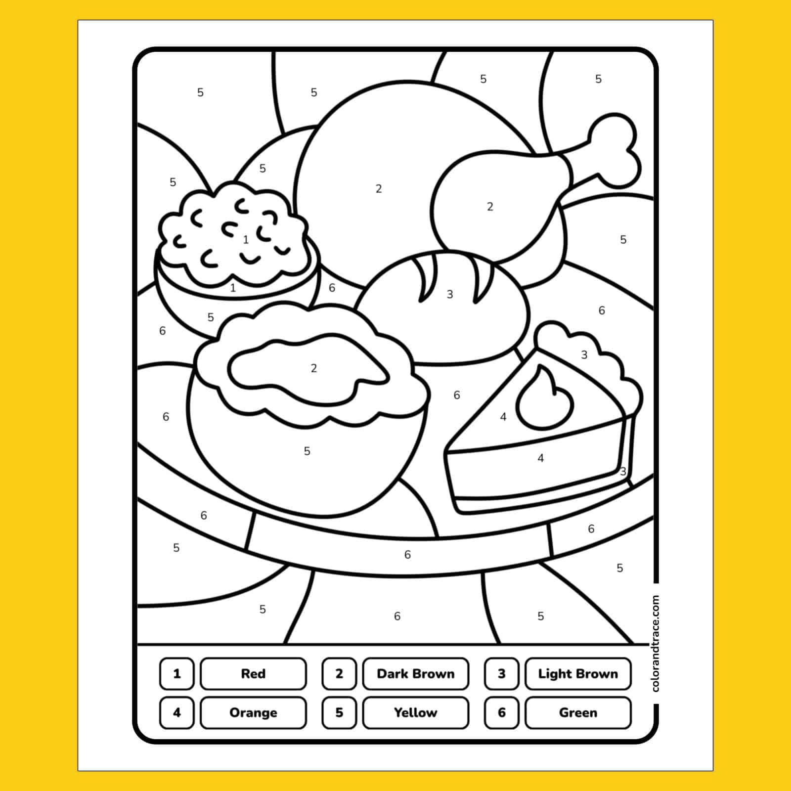 Thanksgiving dinner color-by-number coloring page with a plate of foods.