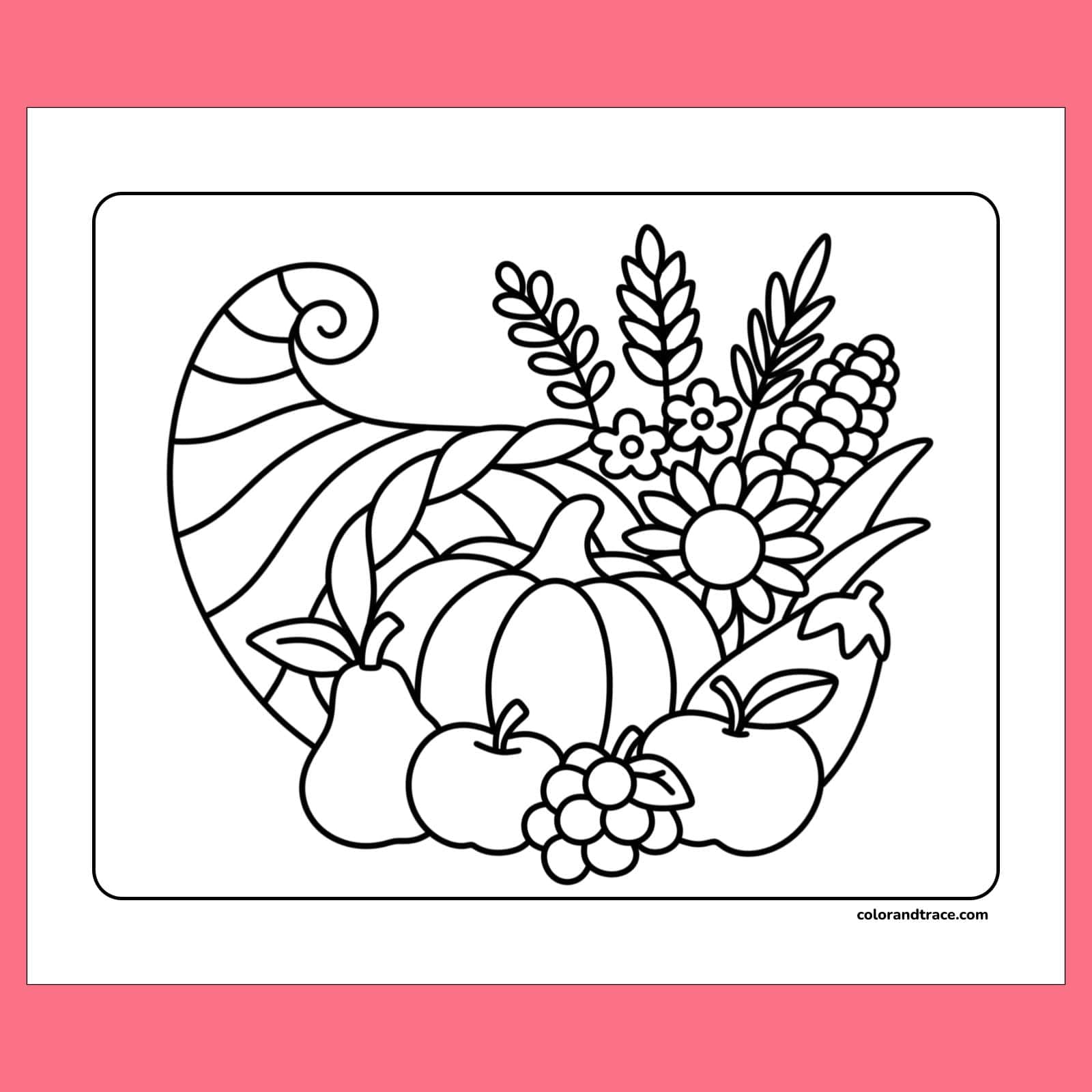 Thanksgiving cornucopia coloring page with pumpkins and harvest flowers