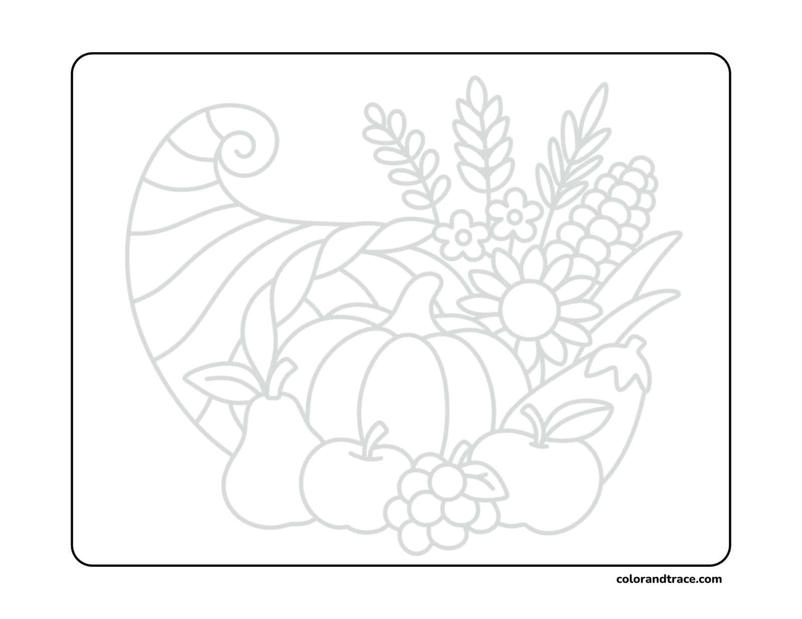 Preview of a printable Thanksgiving cornucopia tracing page