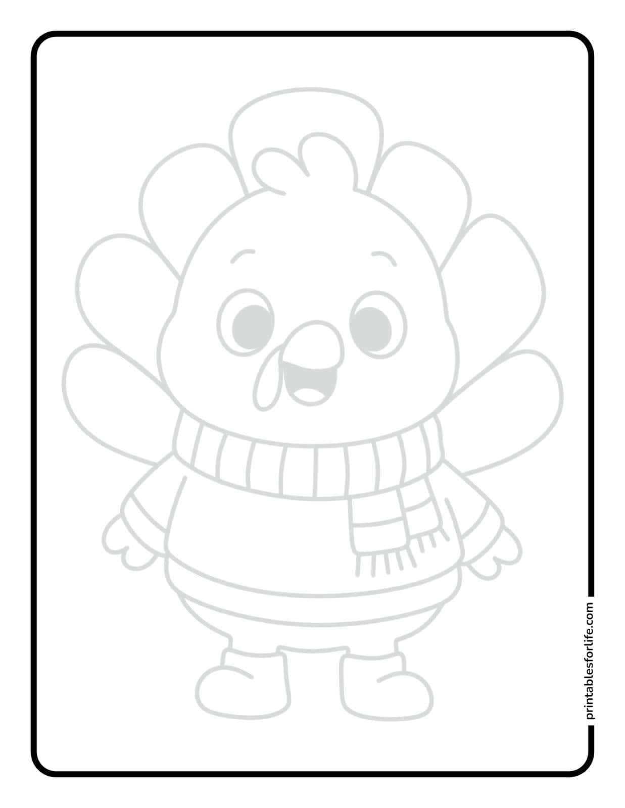 Preview of a printable coloring page featuring a cute turkey tracing design.