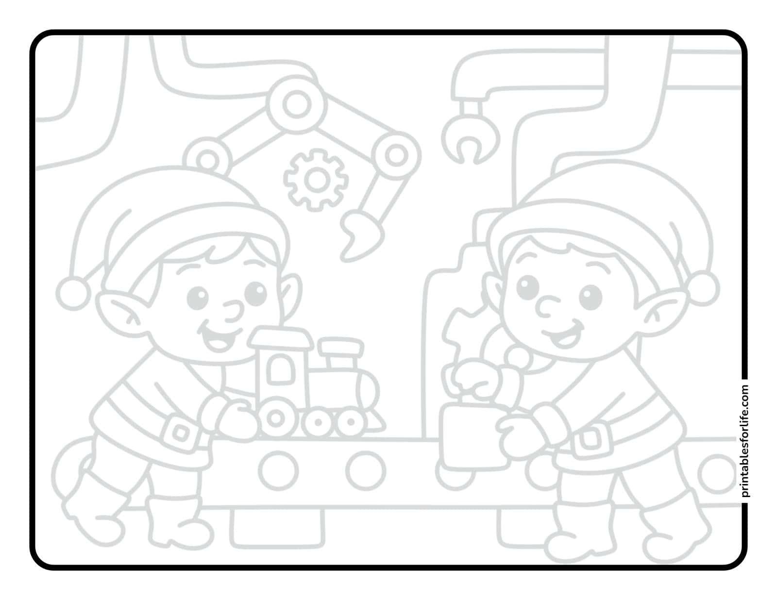 Preview of a printable tracing page featuring elves making toys.
