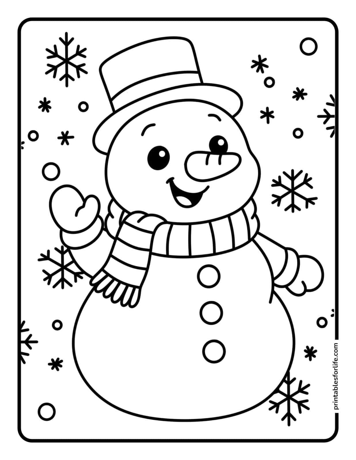 Preview of a printable coloring page showing a friendly snowman ready to color