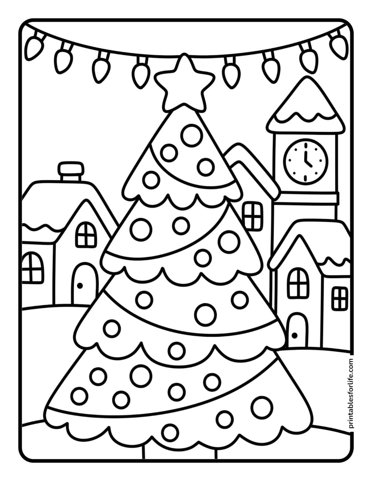 Preview of a printable coloring page featuring a festive village scene: a tall decorated Christmas tree, string lights, snow-covered houses, and a clock tower.