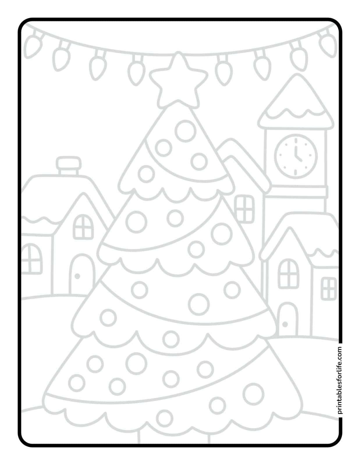 Preview of a printable vintage Christmas village tracing page for kids