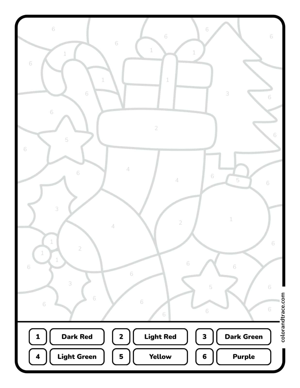 Preview of a printable tracing page for a Christmas stocking color-by-numbers activity.