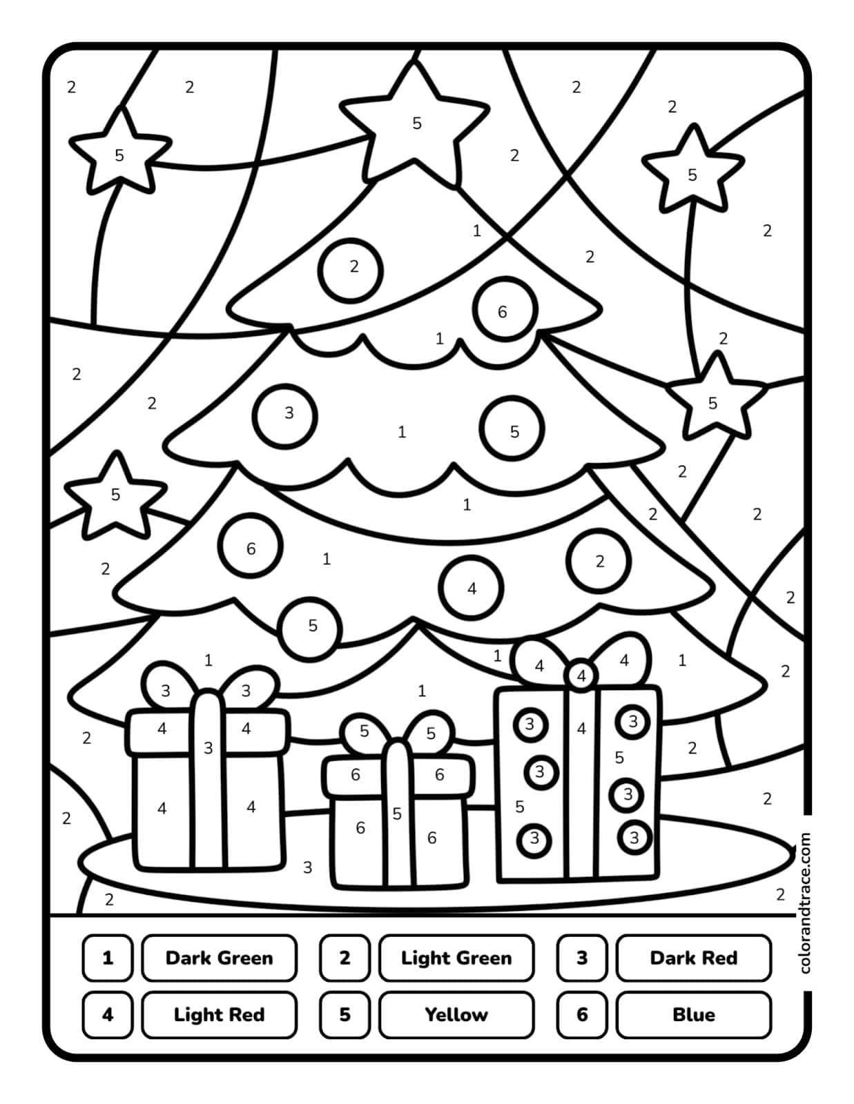 Preview of the coloring page: a festive Christmas tree with presents to color