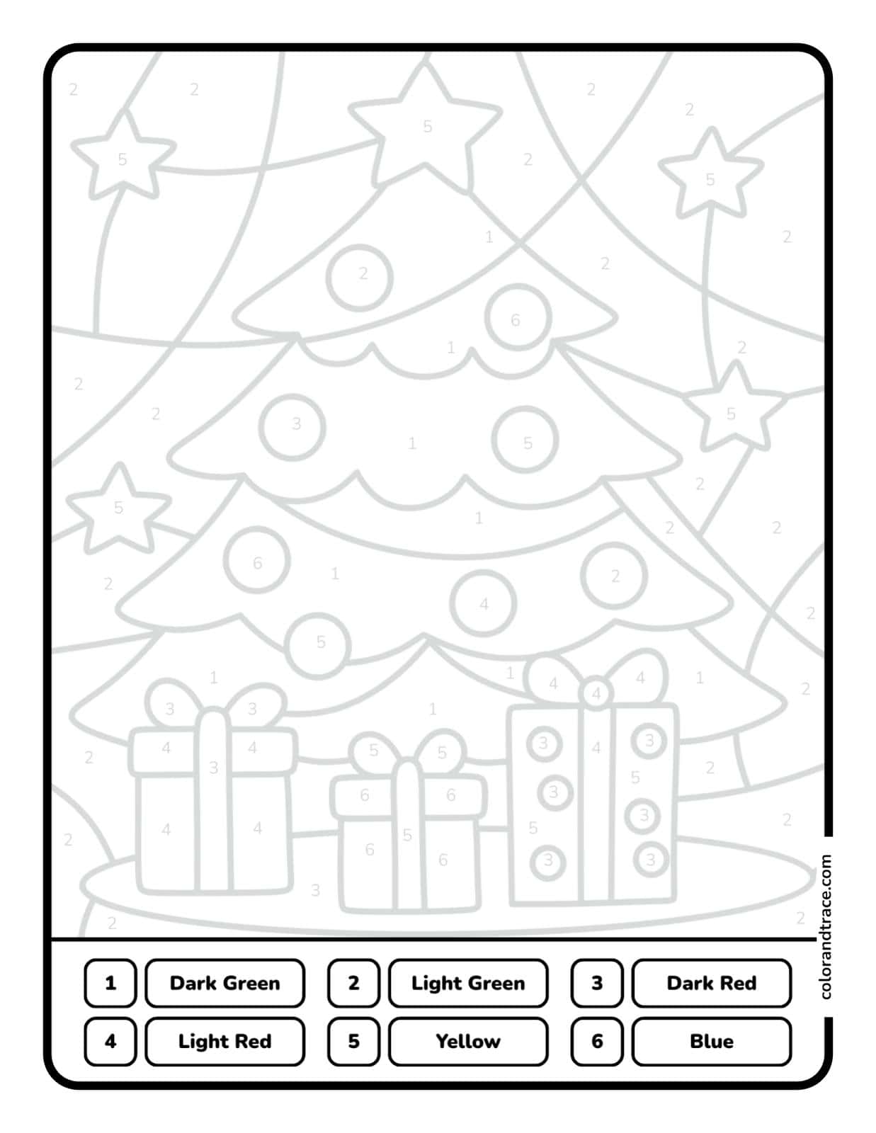 Preview of a printable tracing page showing a Christmas tree, stars, and gift boxes