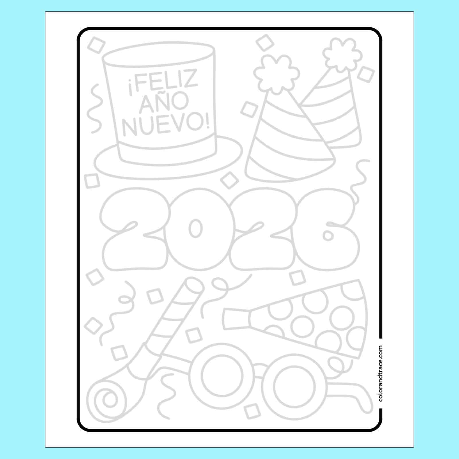 Página de trazos Feliz Año Nuevo 2026 con sombreros y confeti