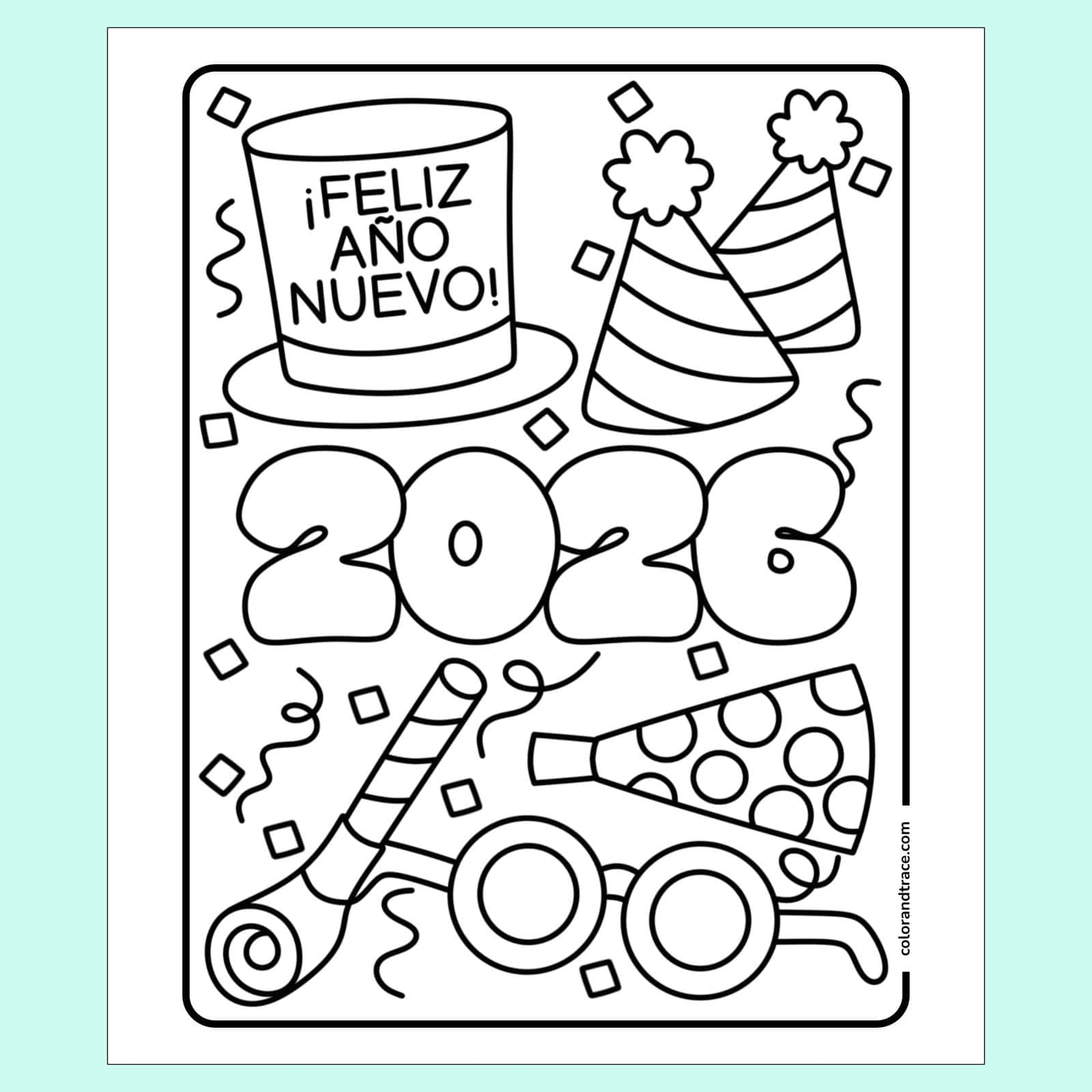 Página para colorear Feliz Año Nuevo 2026 con sombreros y confeti