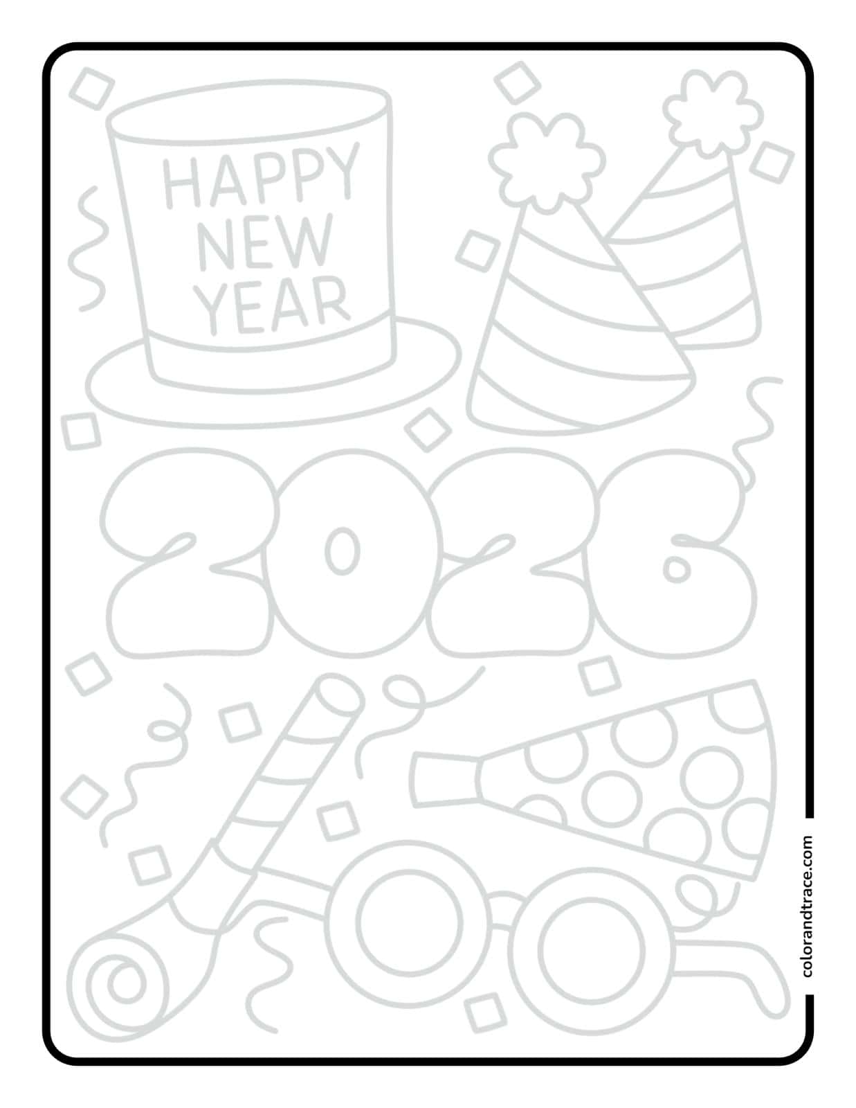 Preview of the printable tracing page for the Happy New Year 2026 design.