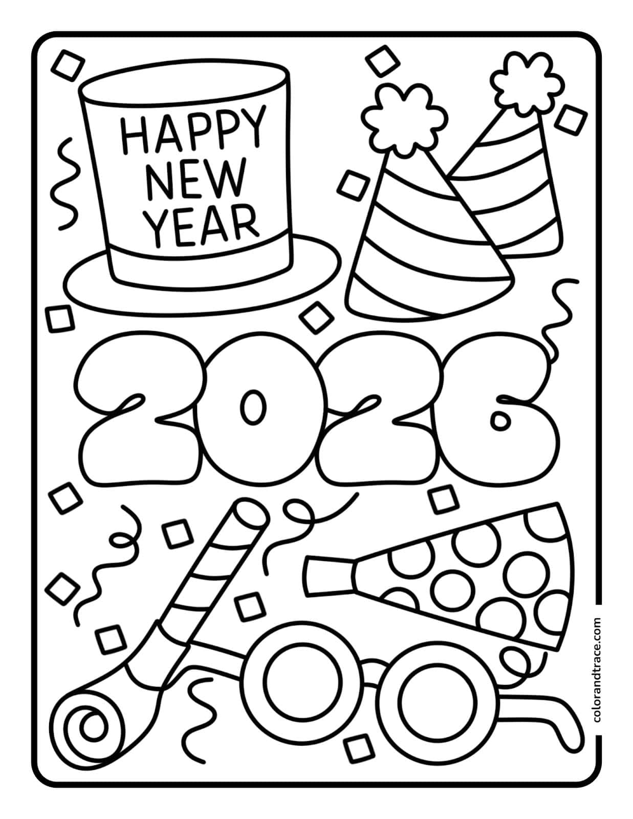 Preview of a printable coloring page for Happy New Year 2026, showing festive items ready to color.