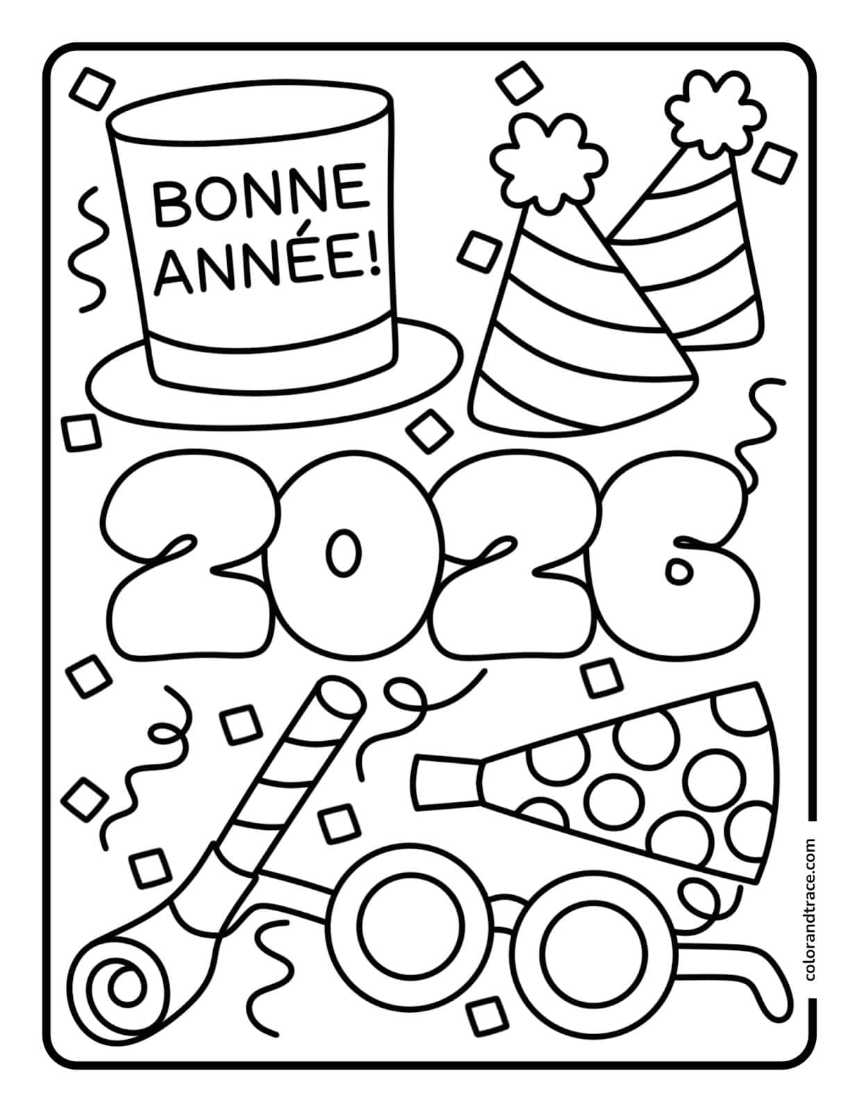 Aperçu d'une page à colorier imprimable Bonne Année 2026.