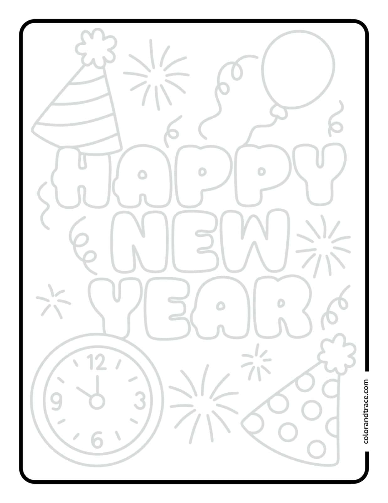 Preview of a printable tracing page for Happy New Year with shapes to trace and color.