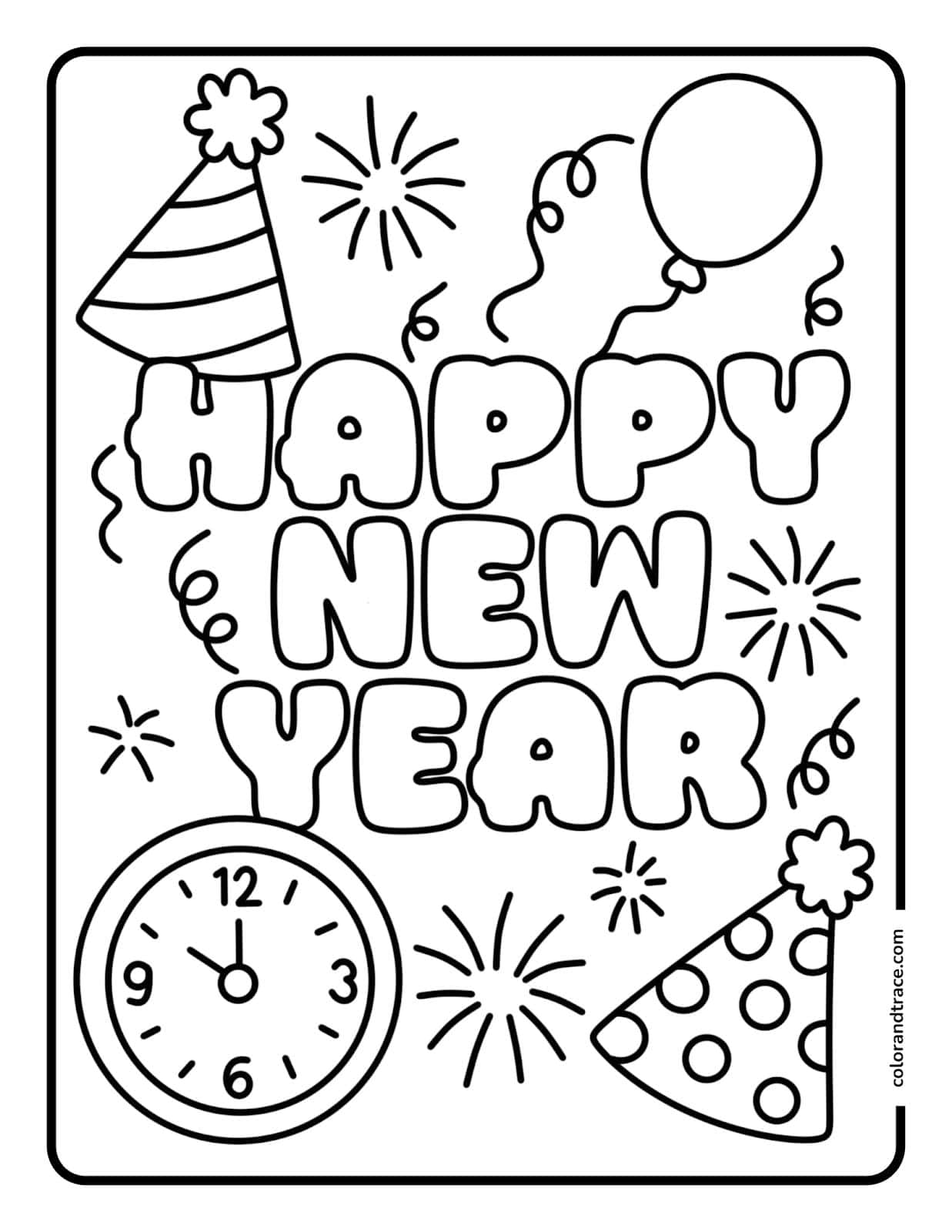 Preview of a printable Happy New Year coloring page for kids with balloons, hat, fireworks, and clock.