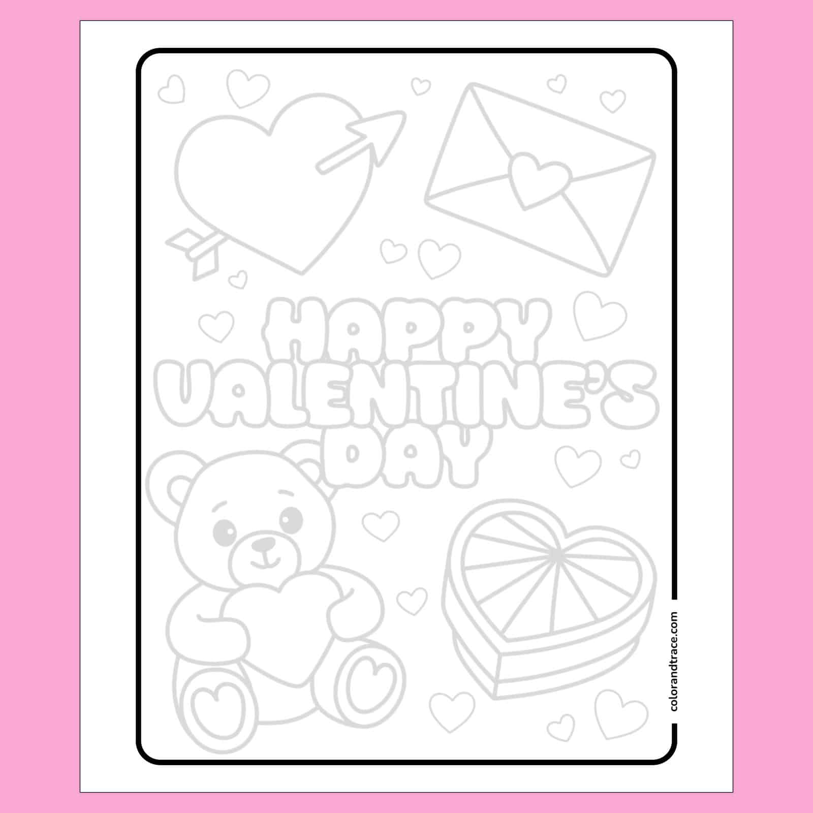 Happy Valentine's Day tracing page with heart shapes, teddy bear, envelope, and gift