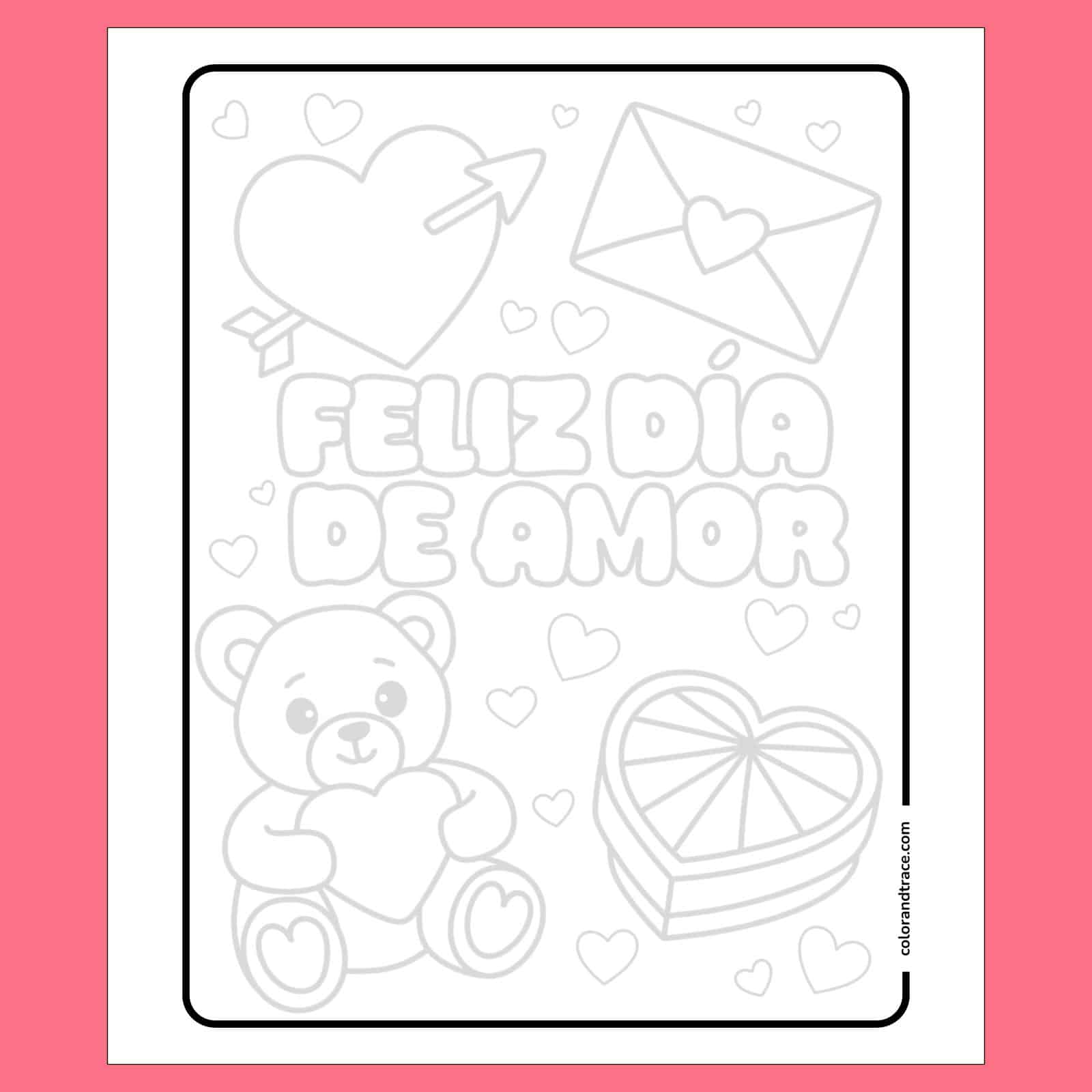 Página de trazado Feliz Día de Amor con osito, corazones y sobre