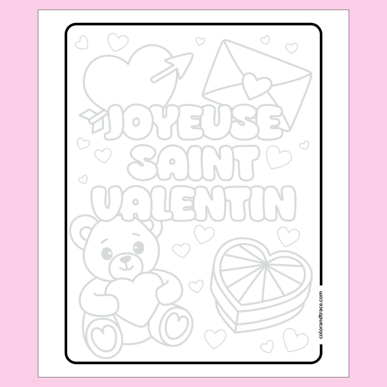 Page de traçage Joyeuse Saint Valentin : ours en peluche tenant un cœur, boîte en forme de cœur et enveloppe