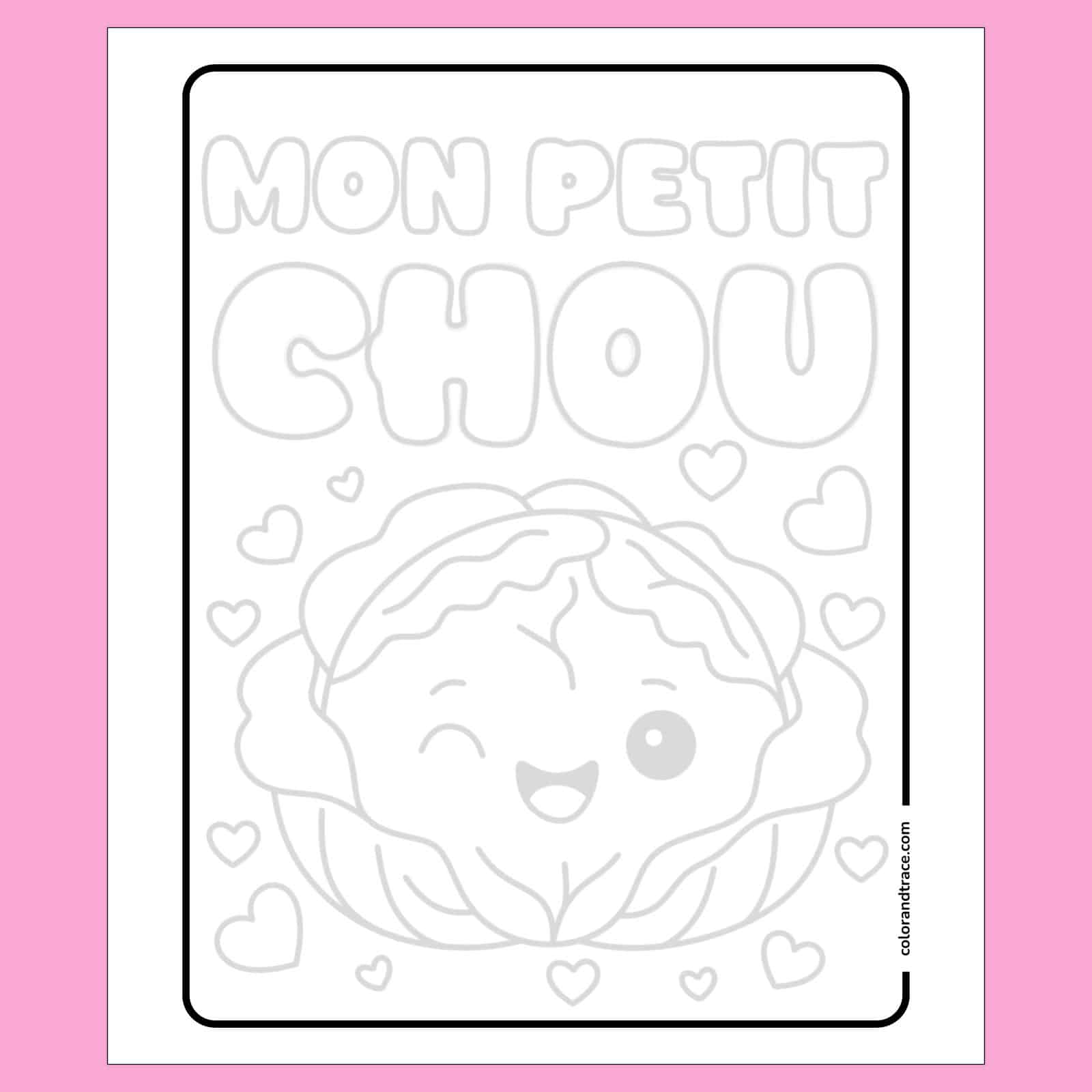 mon petit chou tracing page: chou cartoon souriant et cœurs