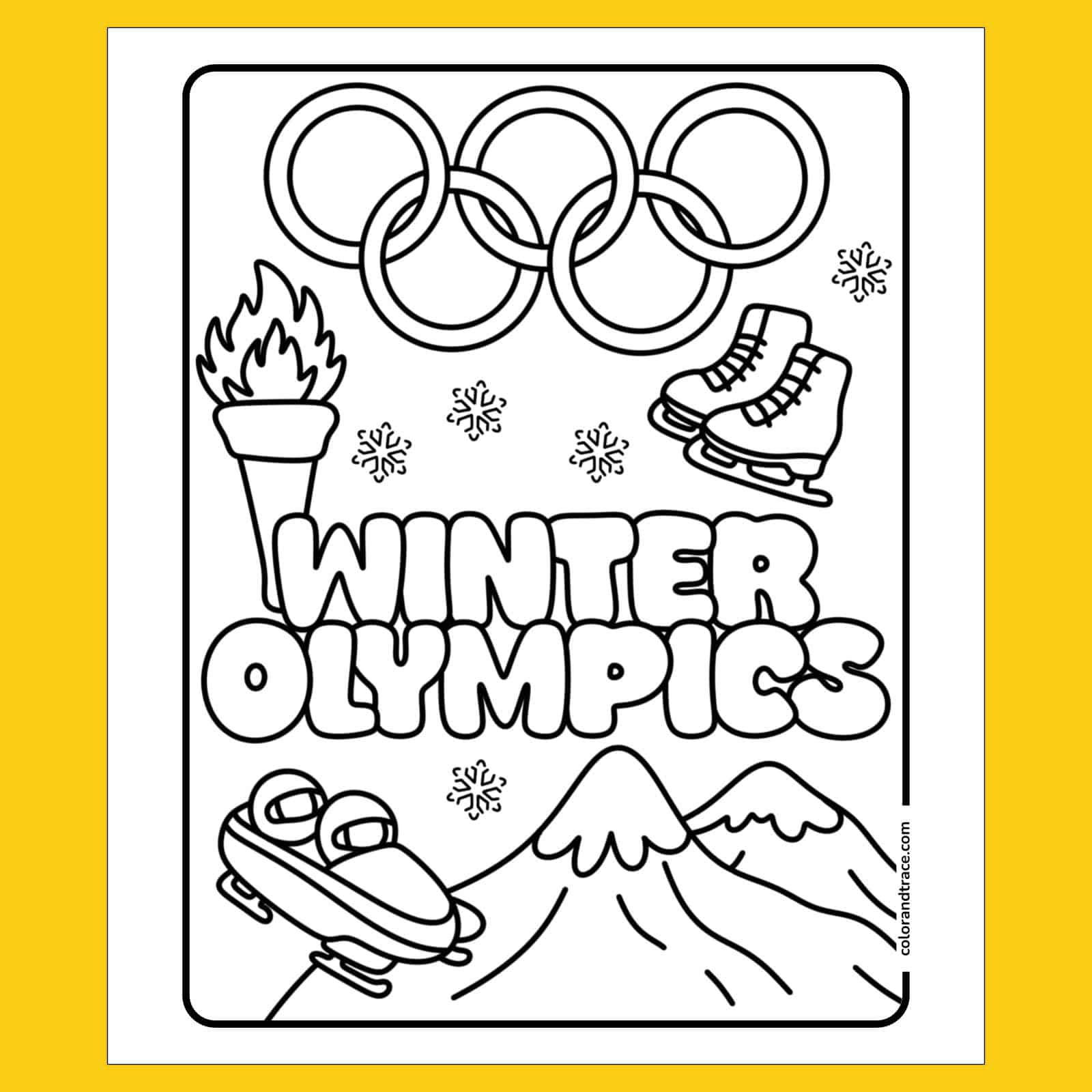 Winter Olympics coloring page with Olympic rings, torch, boots, snowflakes and mountains
