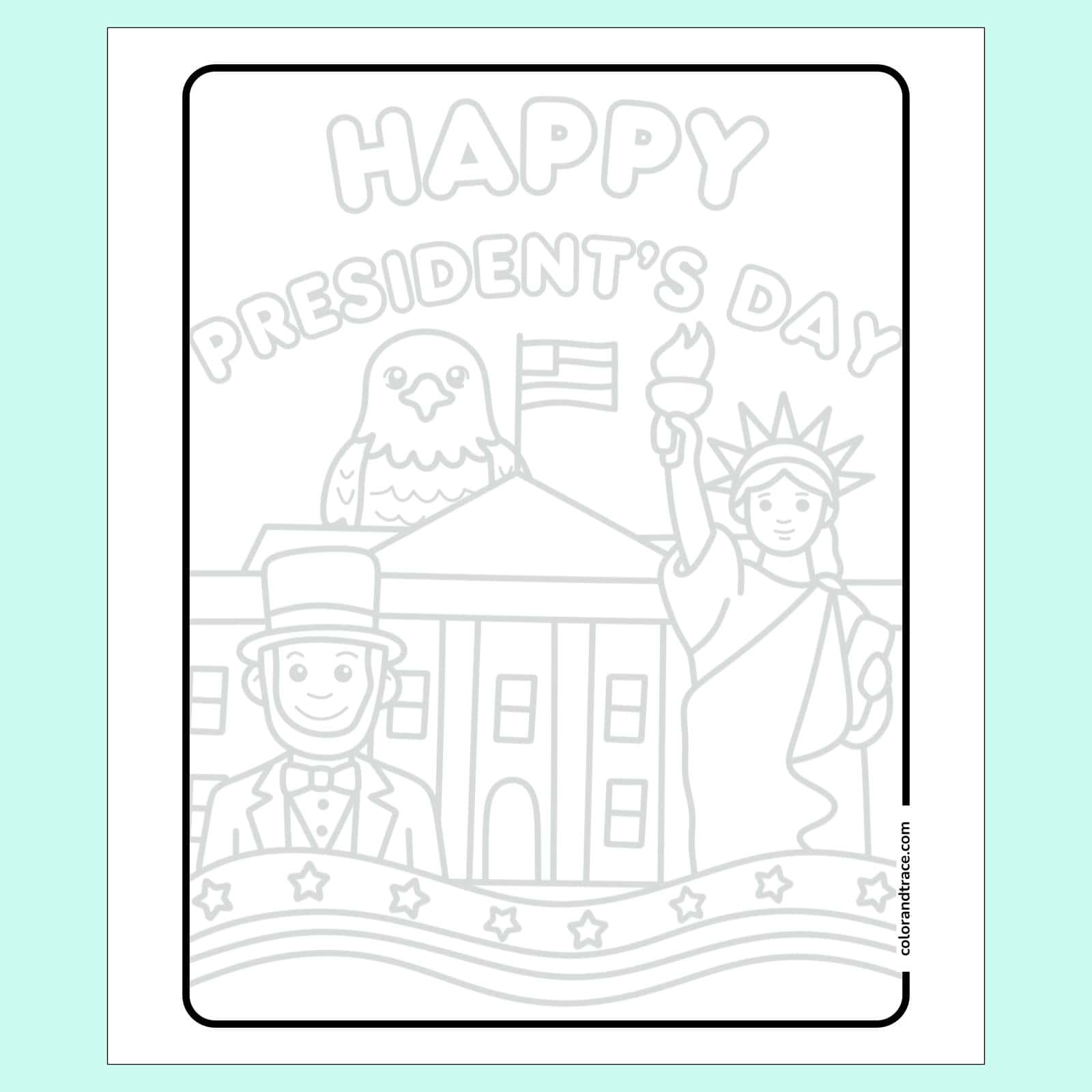 President's Day tracing page with Capitol, Statue of Liberty, eagle, and festive banner