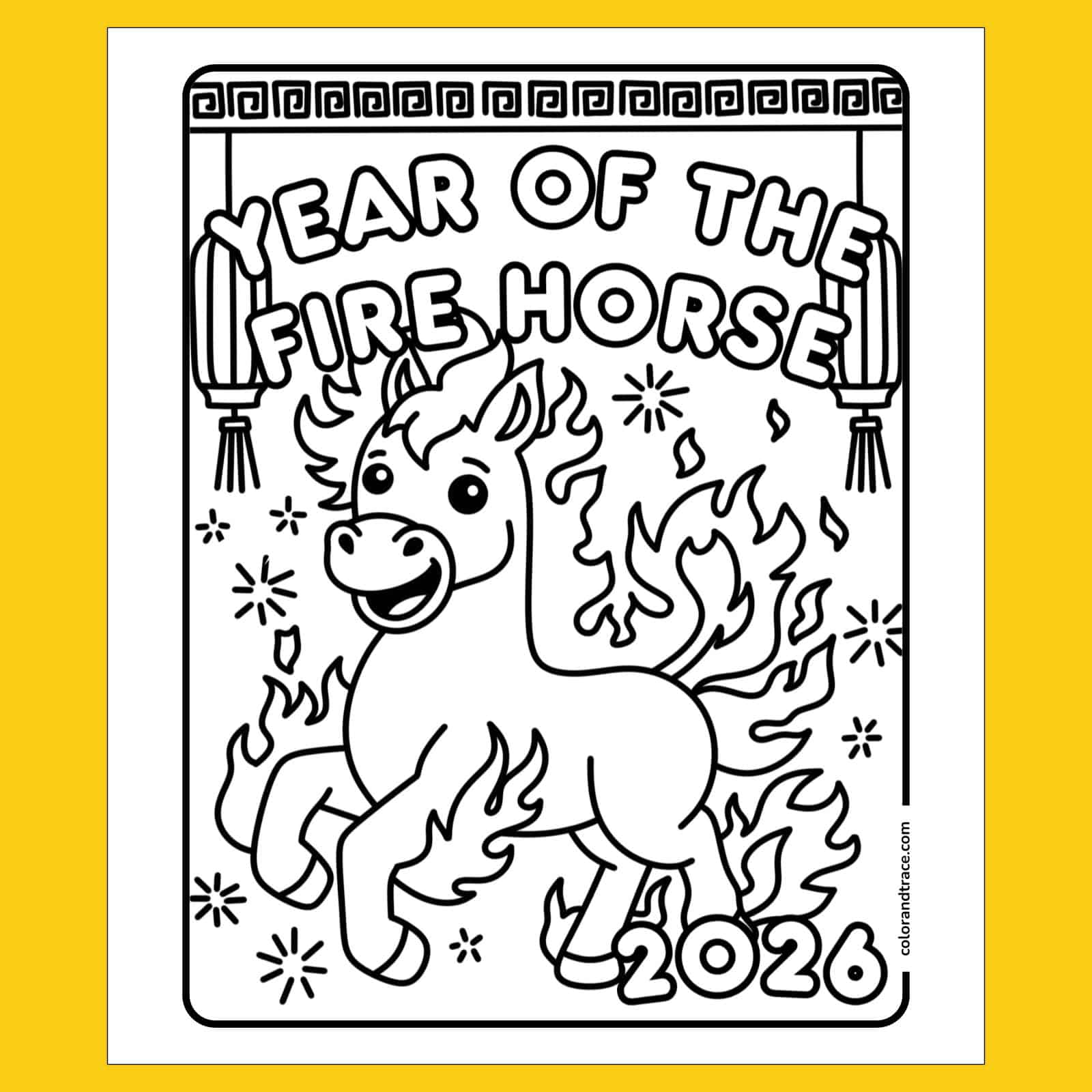 Coloring page of a fiery horse for 2026 Year of the Fire Horse