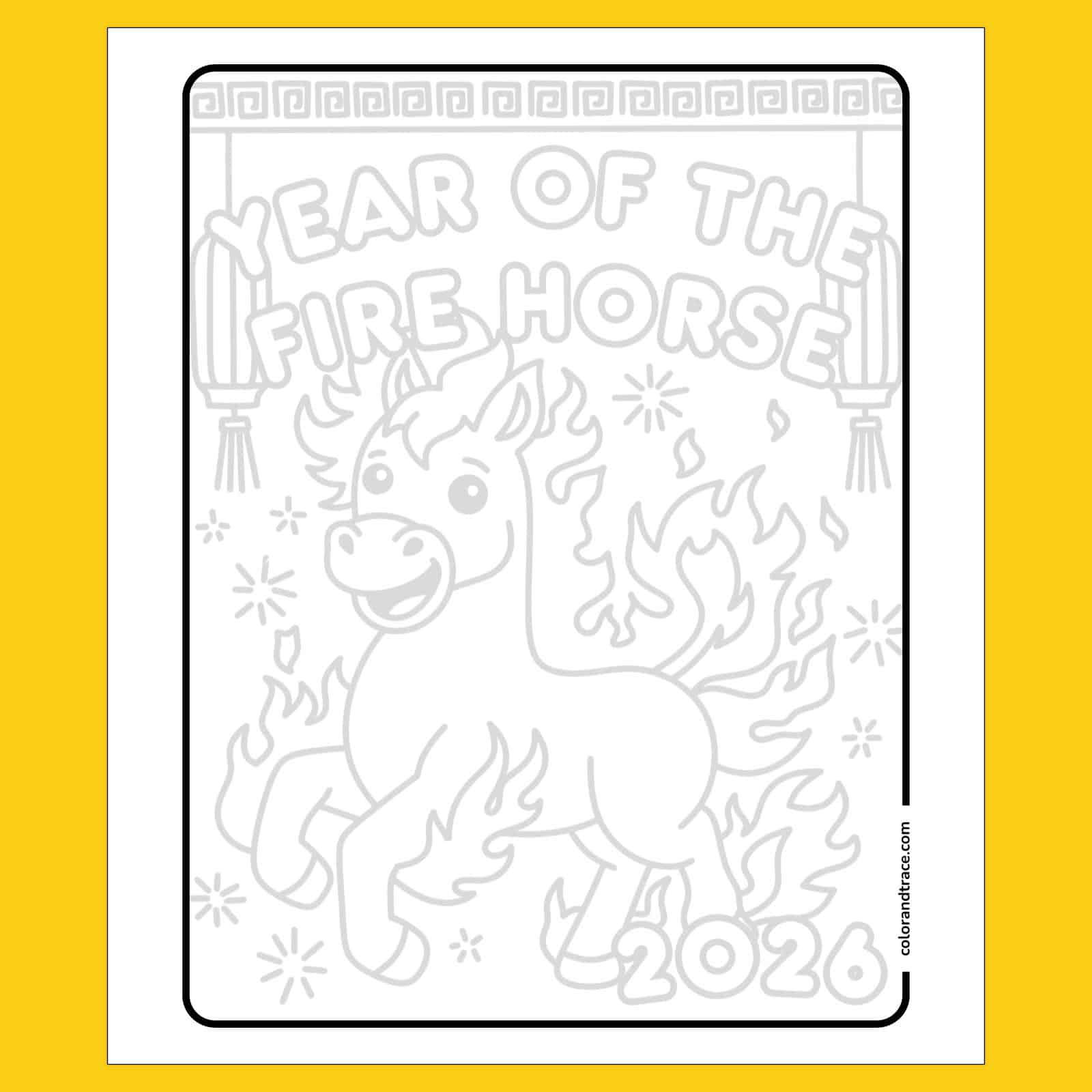 2026 Year of the Fire Horse tracing page, a fiery cartoon horse