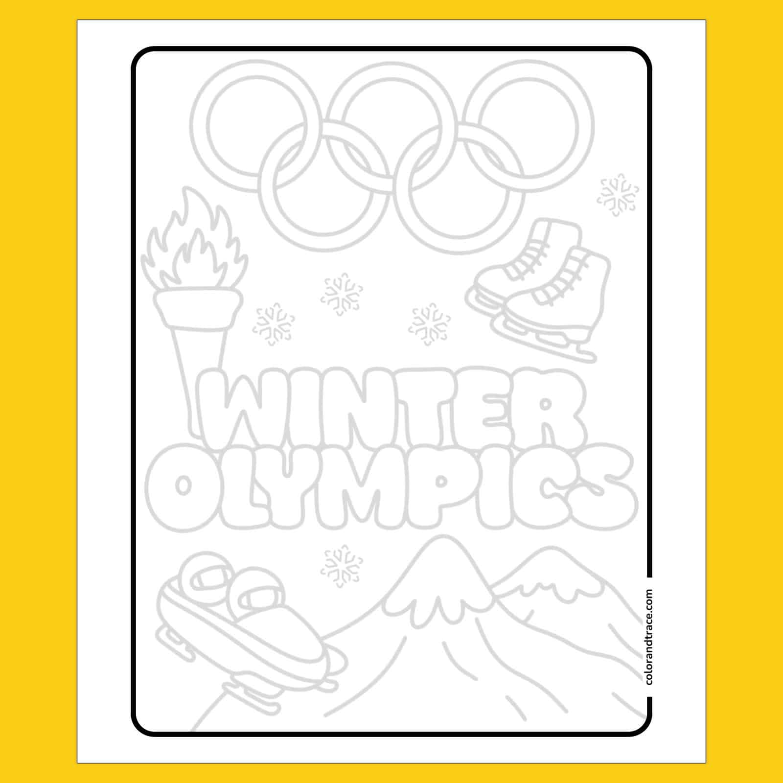 Winter Olympics tracing page with rings, torch, boots, mountain scene and bold WINTER OLYMPICS letters