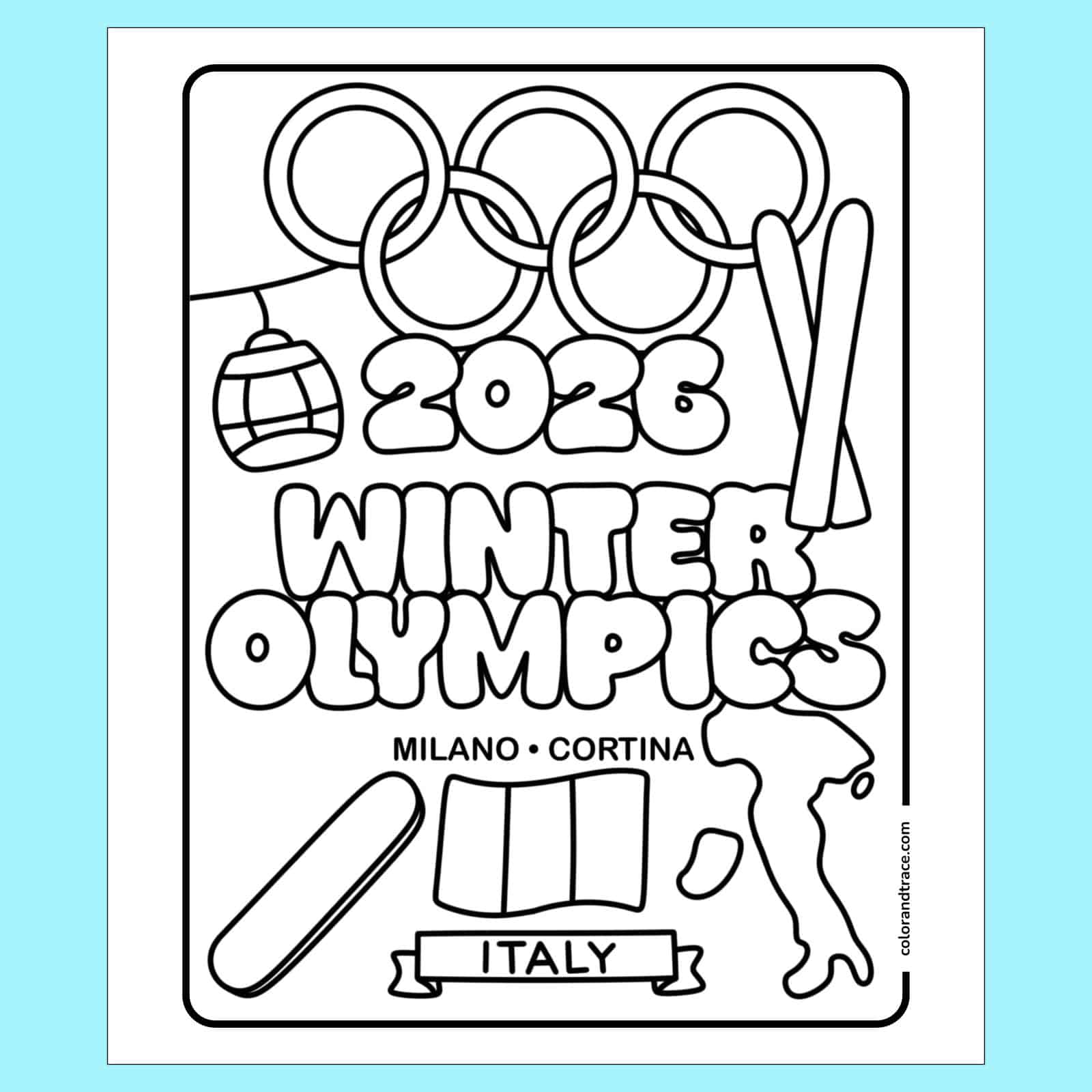 Coloring page featuring Milano Cortina 2026 Winter Olympics symbols and map of Italy.