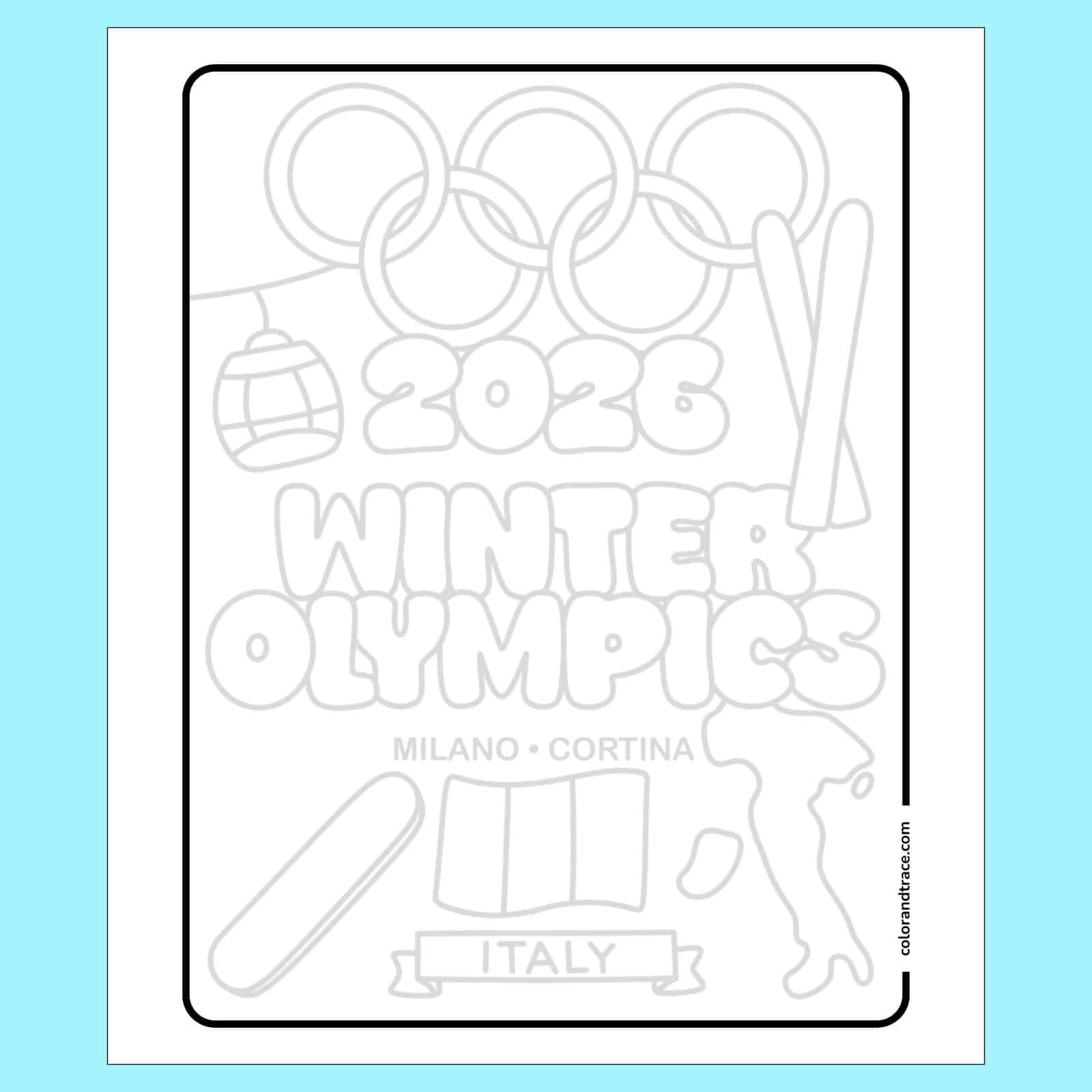 Milano Cortina 2026 tracing page for Winter Olympics with rings, map of Italy, banner