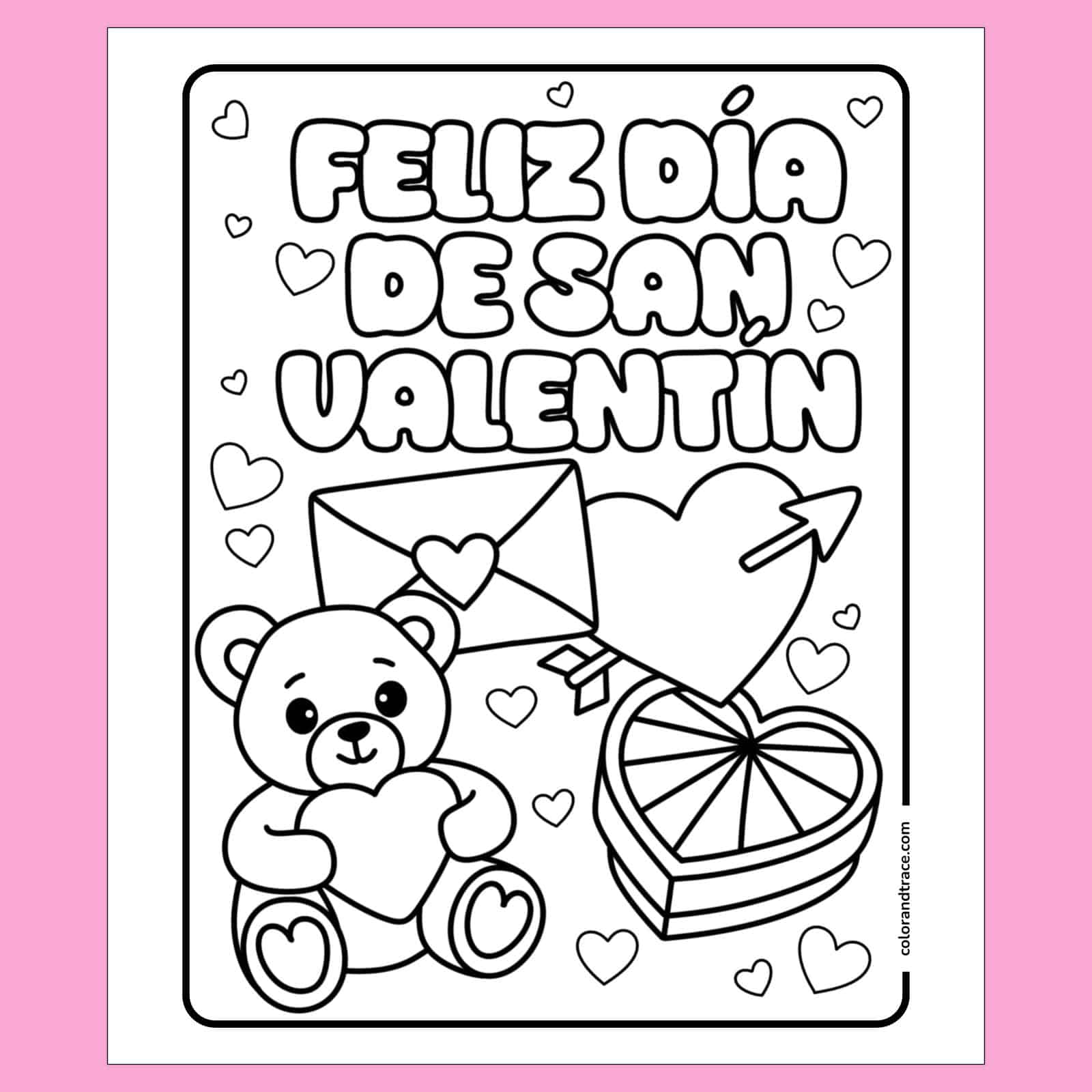 Página para colorear Feliz Día de San Valentín con oso, corazones y regalo