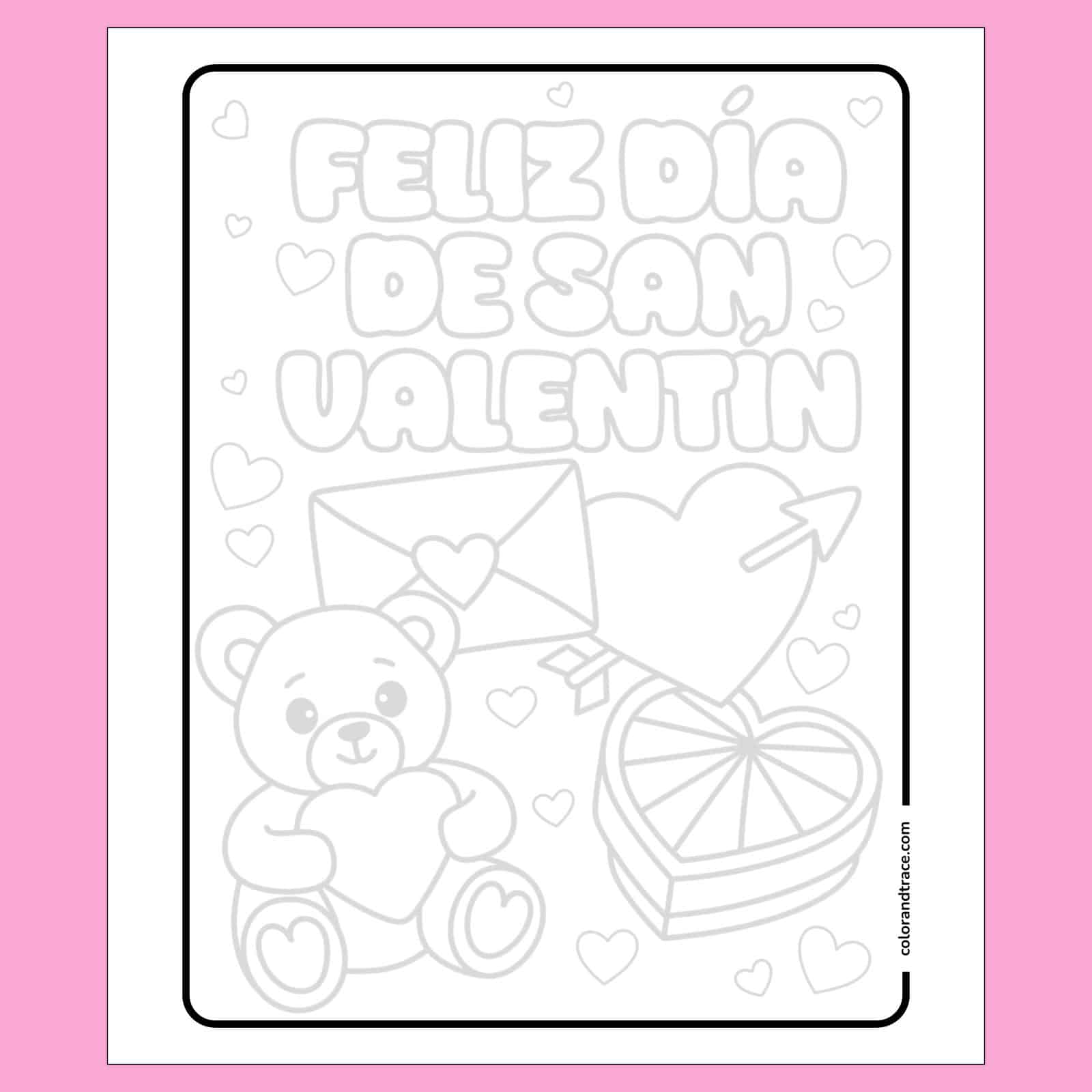 Página para trazar Feliz Día de San Valentín con oso de peluche y corazones