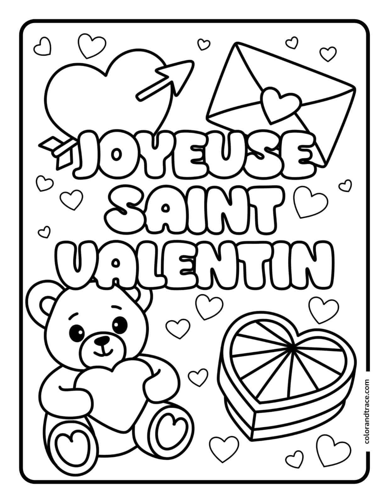 Preview of the coloring page Joyeuse Saint Valentin, featuring bear, hearts, envelope and heart-shaped box to color