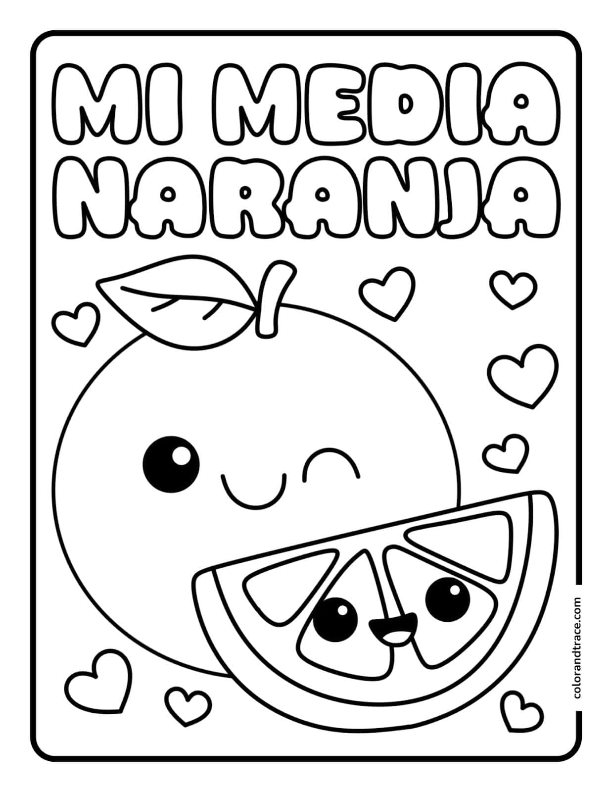 Vista previa imprimible de una coloring page con naranja sonriente y corazones