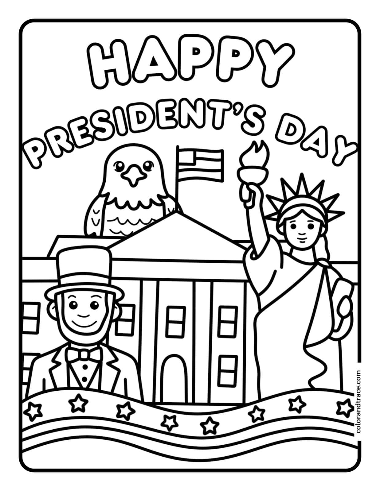 Preview of a printable coloring page for President's Day with Liberty statue, eagle, and flag scene