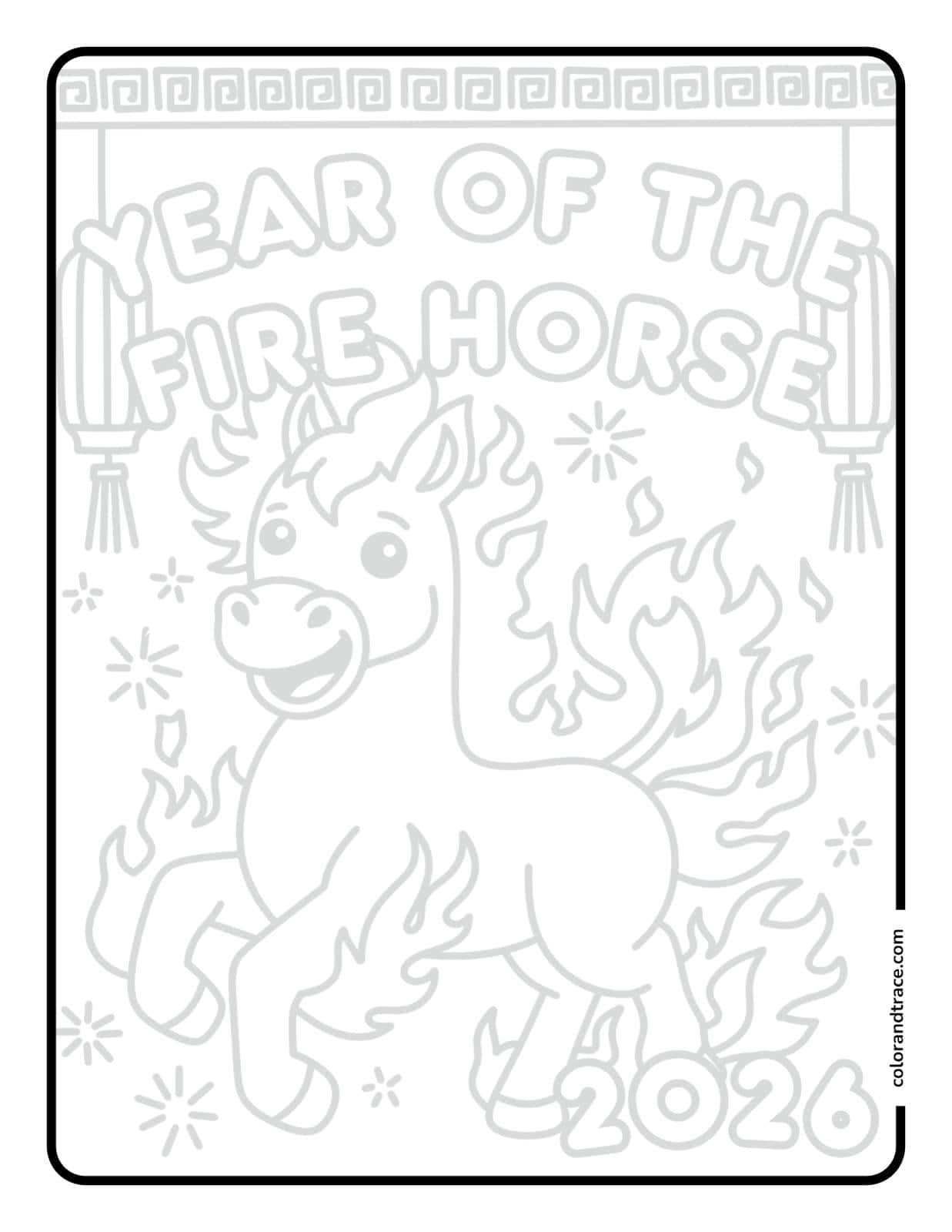 Preview of the printable tracing page featuring a fiery horse ready to trace