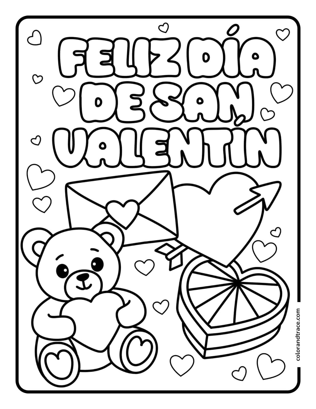 Vista previa imprimible para colorear de la página de San Valentín con osito y corazones
