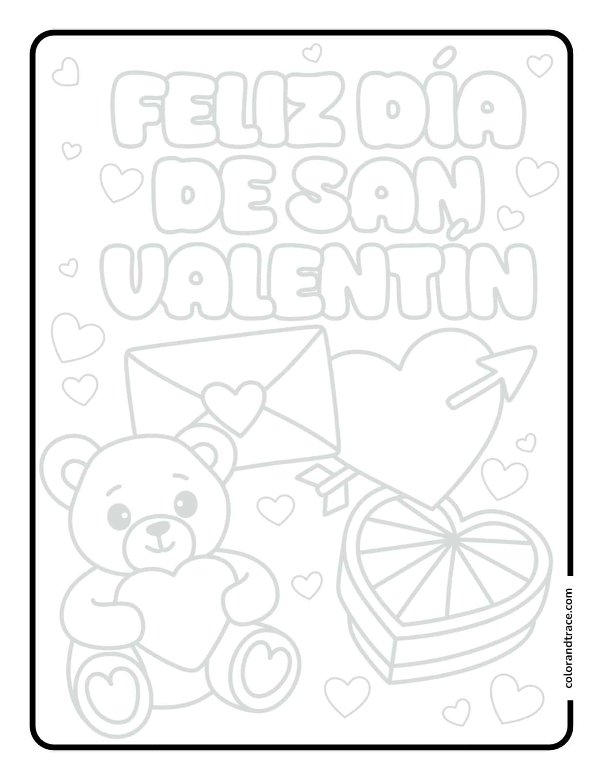 Vista previa imprimible para colorear de Feliz Día de San Valentín con osito, carta y corazones