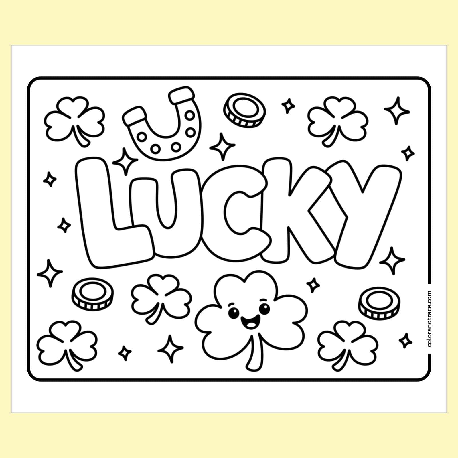 Lucky coloring page with shamrocks, coins and sparkles