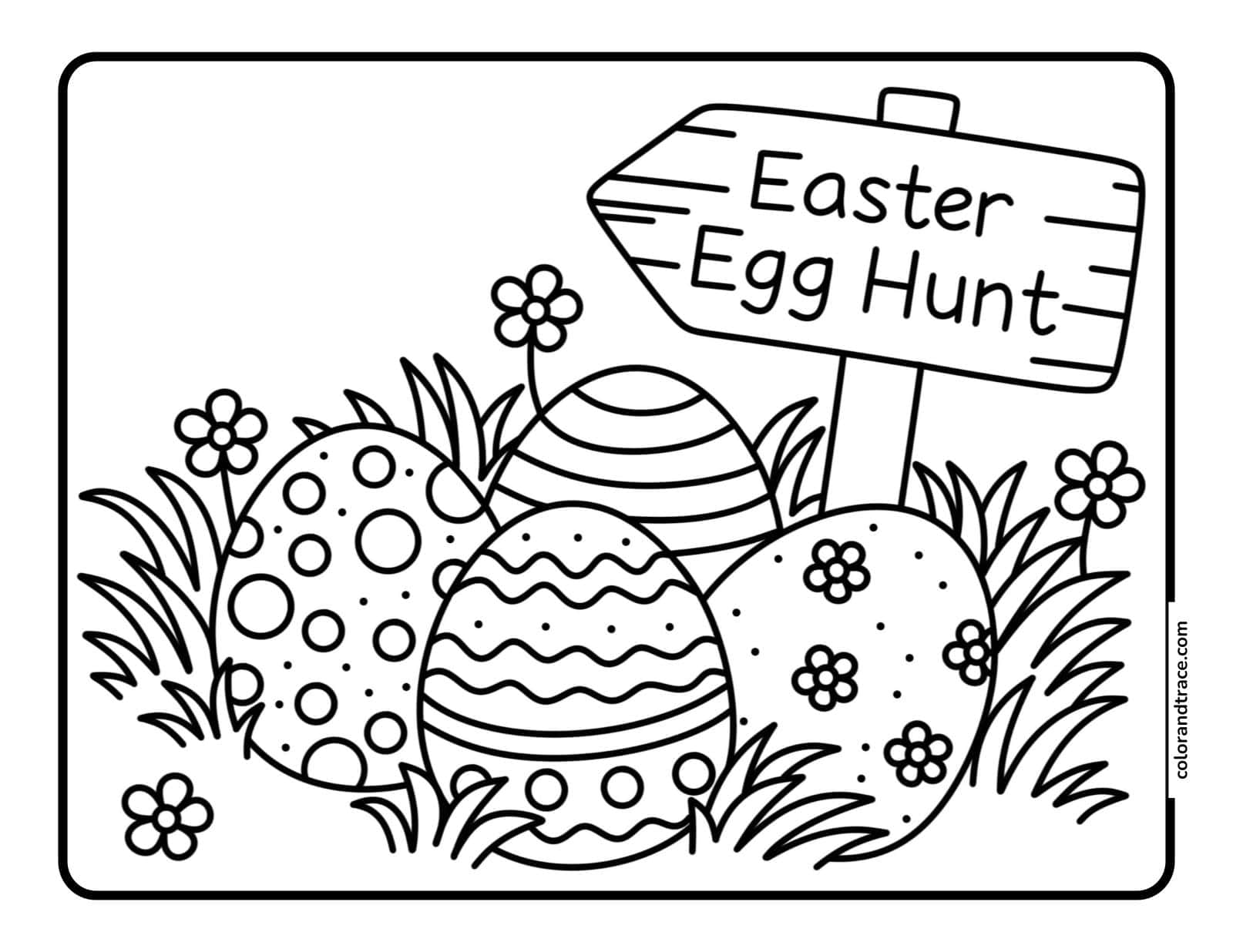 Preview of a printable Easter egg hunt coloring page for kids.