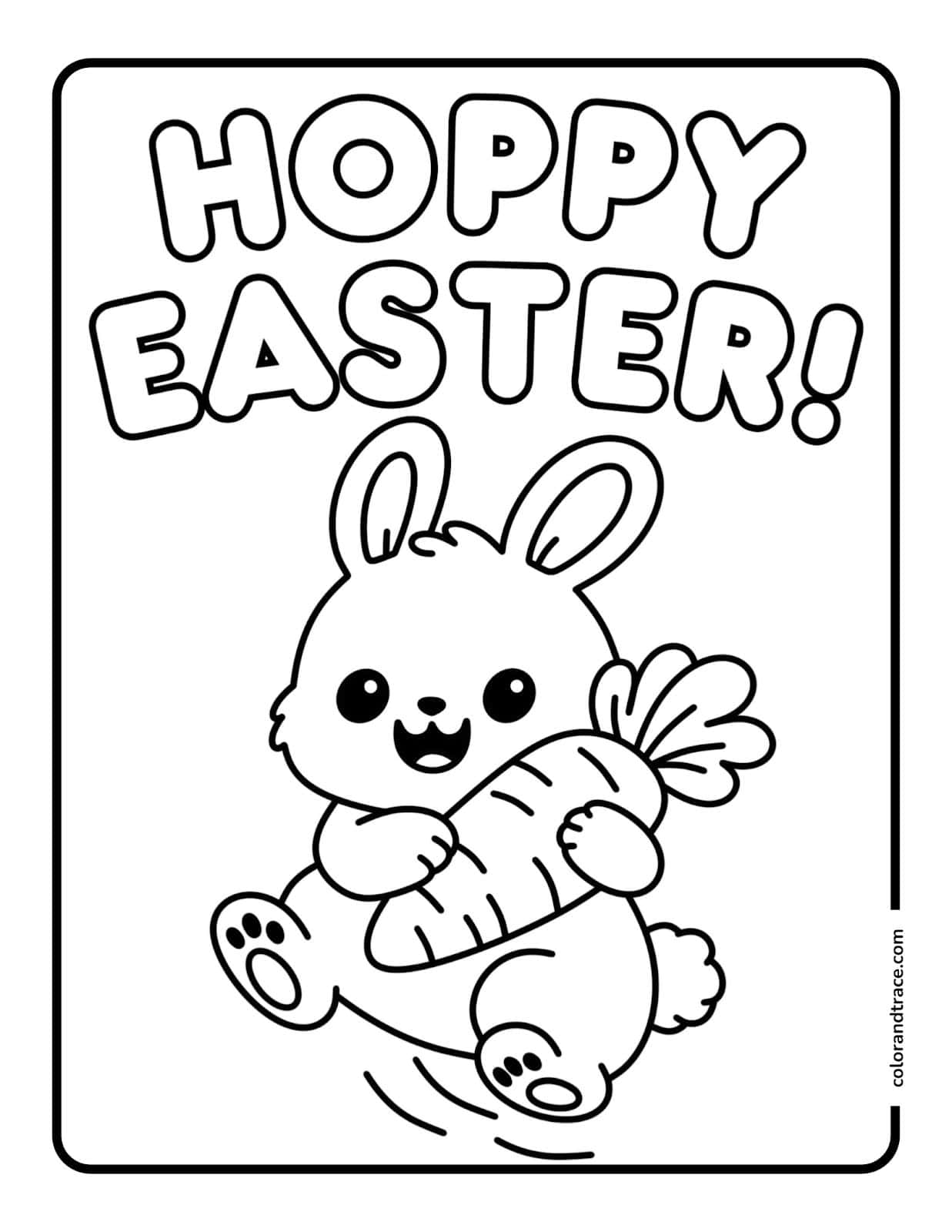 Preview of a printable coloring page featuring a smiling bunny with a carrot and bold 'HOPPY EASTER' lettering