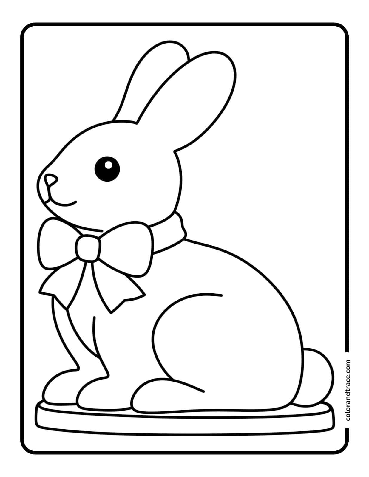 Preview of a printable chocolate Easter bunny coloring page showing a bunny with a bow.